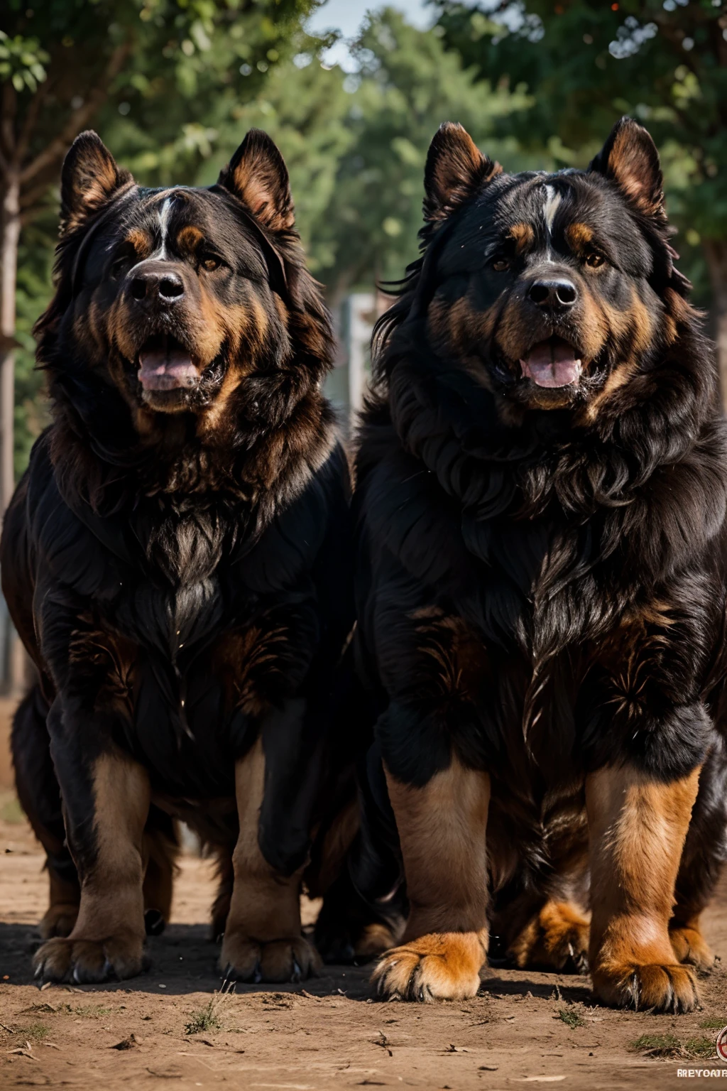 Two massive Tibetan mastiffs, their fur bristling with aggression, locked in a fierce battle for dominance. The ground trembles beneath their powerful paws as they snarl and snap, their eyes blazing with primal fury.