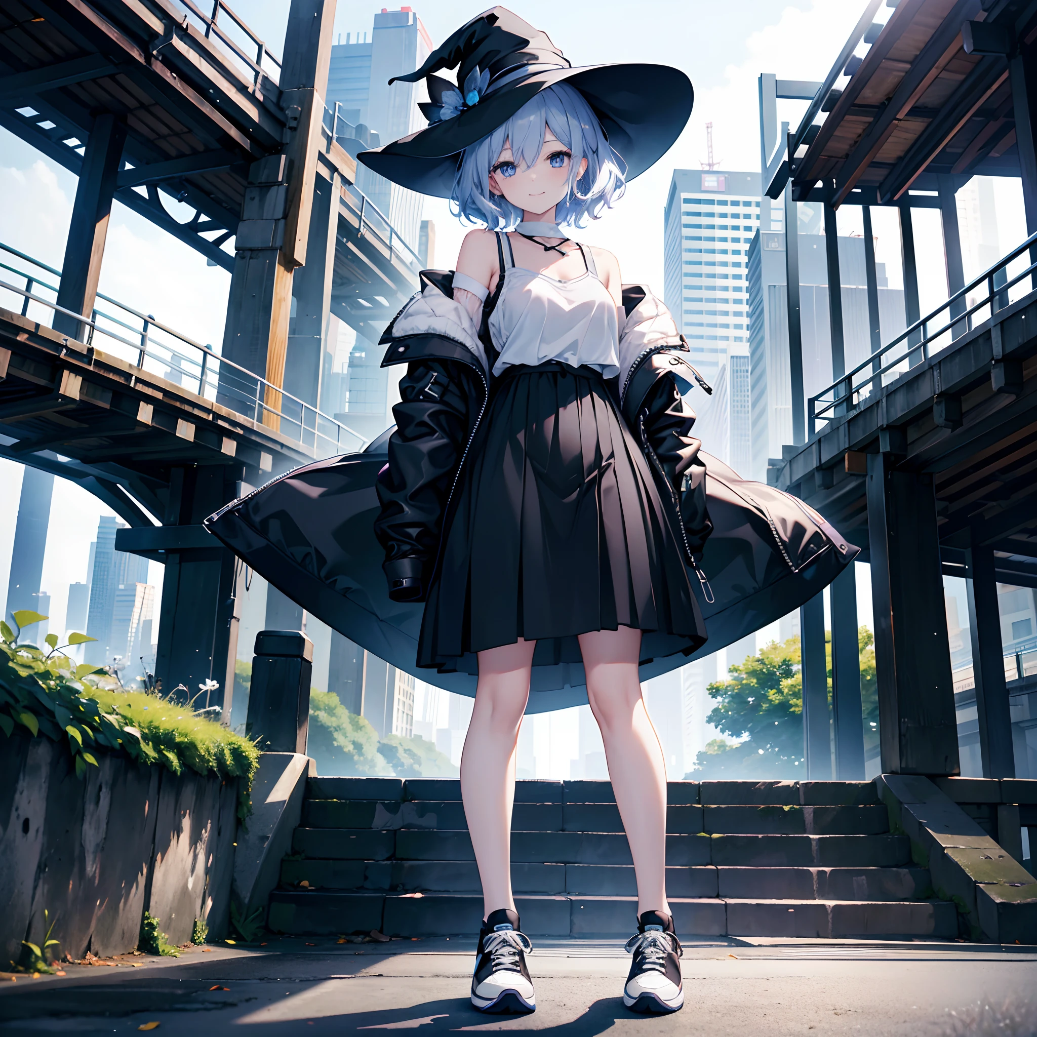 This is a park on the Sumida River in the middle of the night、One 27-year-old woman with small breasts、She wears a large black witch hat with sapphire accessories、White medium shorthair with blue-purple mesh、Looking at me with a smile、Blue eyes with highlights、Black long coat、White camisole、Black Midi Skirt、Black sneakers with white shoelaces、small tits、discreet breasts、hiquality、High Details、high-level image quality、4K picture quality、beatiful backgrounds