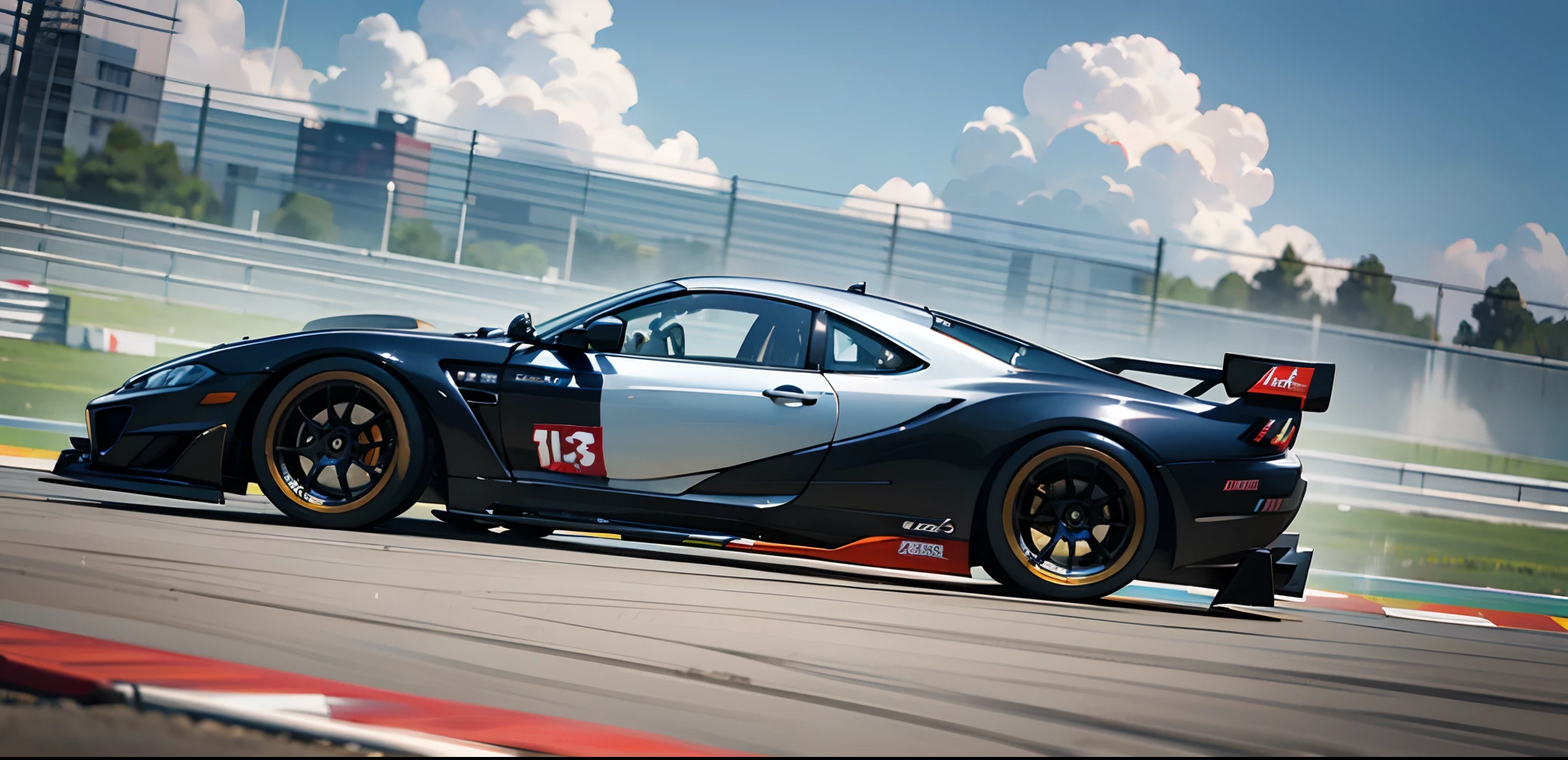 (巨作,Best quality)),Ultra-detailed, 4K, A high resolution, Cinematic, widebody sports car, Vehicle focus, White F1 race outside the track, with blue sky and white clouds,Strong perspective,Crash into the screen,Orthographic diagram (RAW photos:1.2),(realisticlying:1.4),(tmasterpiece:1.3),(best qualtiy:1.4),超A high resolution,8K分辨率,