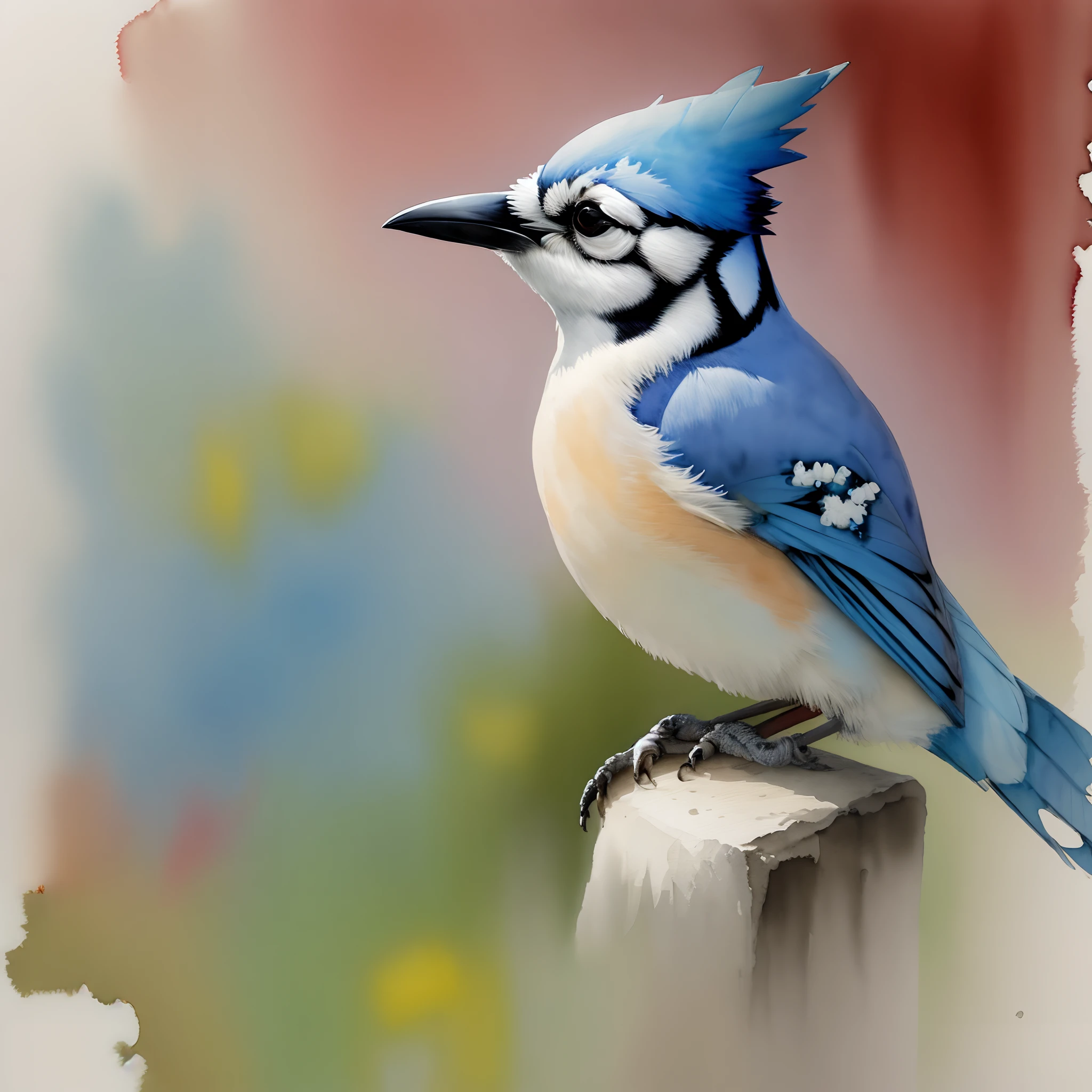 Watercolor painting of a bluejay