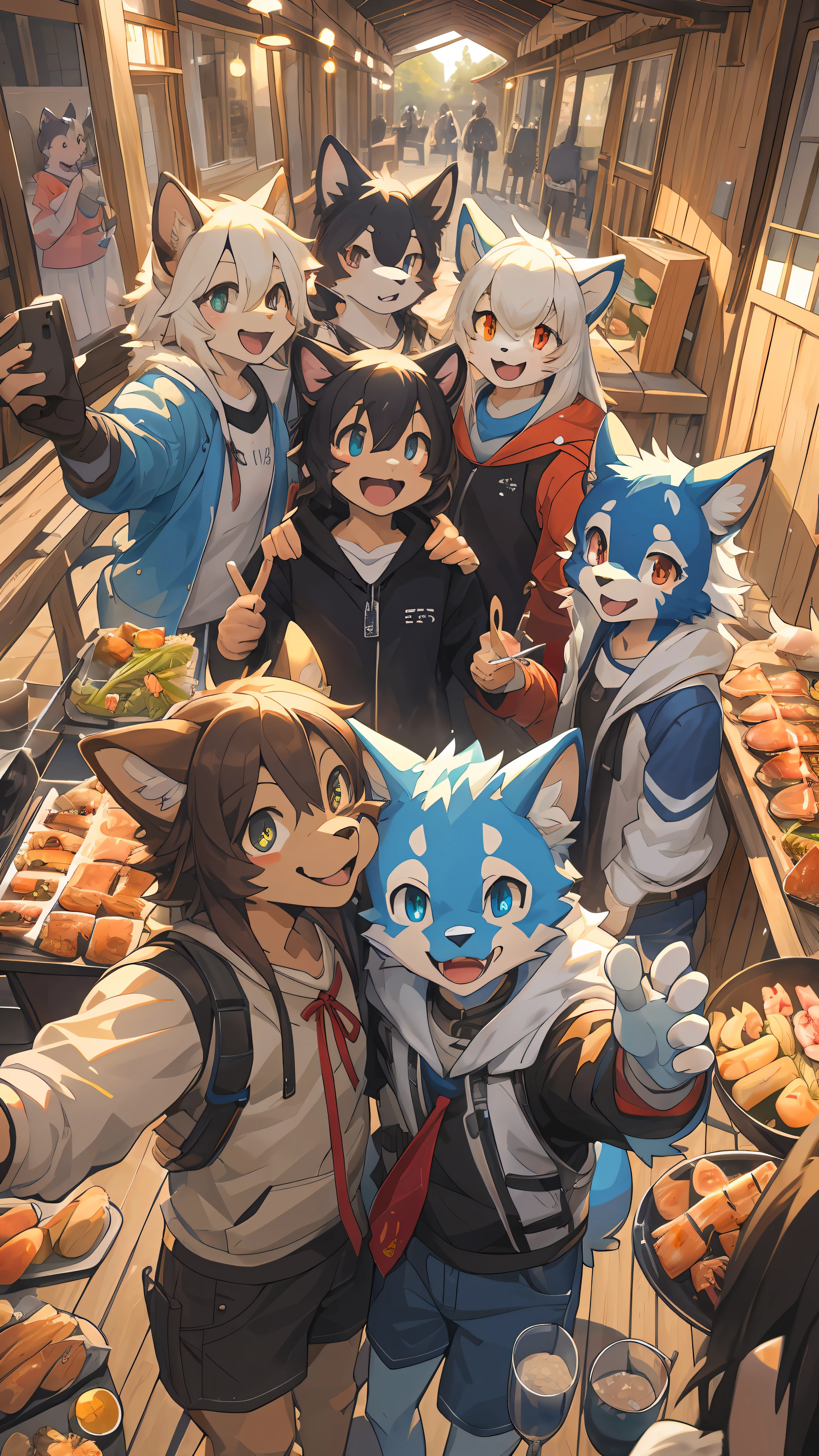 top quality, best quality, High-quality illustrations, masterpiece, super high resolution, detailed background, detailed background, BBQ, group shot:0.5, 6+boys, 6+girls, Happy, joyful, absurdres(highly detailed beautiful face and eyes)perfect anatomy(kemono, furry anthro)selfie:0.2,