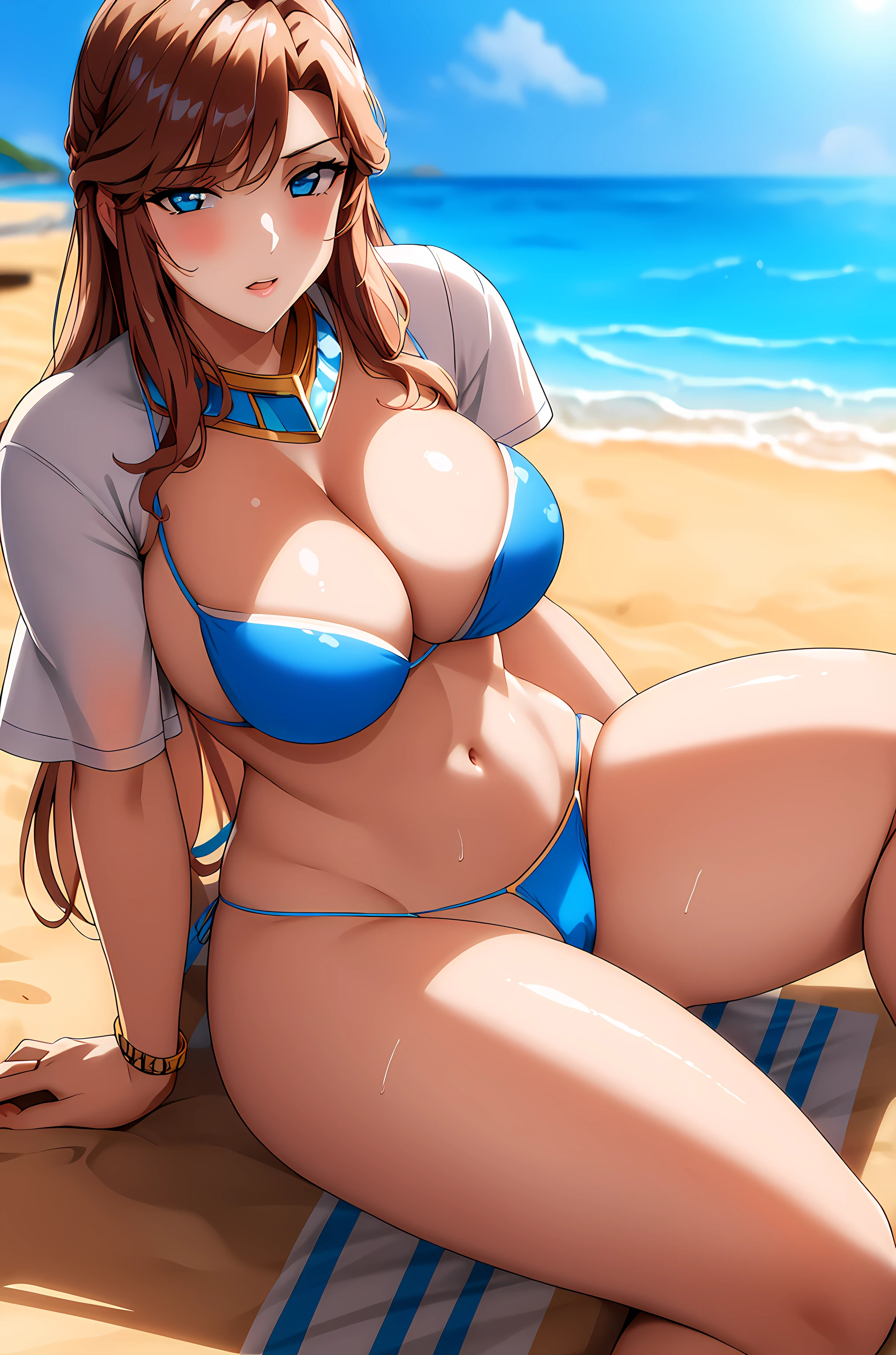 (Best quality), Claudia Levantina, big breasts, full body, wears a blue bikini, on the beach, (Masterpiece), (Best quality), warm color, detailed eyes, Detailed face, light reflection, sun Vibrant,