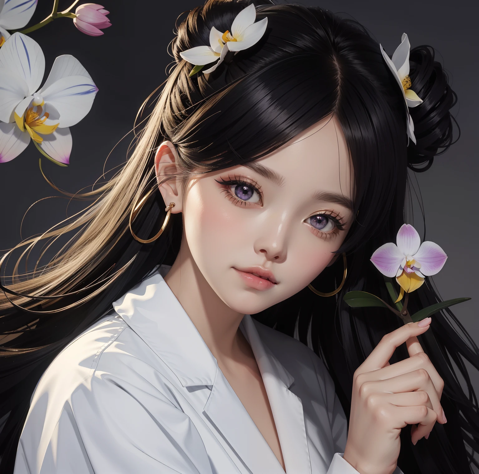 anime com cabelo preto longo segurando uma flor, With orchid in hand, orchid, Holding an orchid, with an orchid in the, anime vibes, Estilo anime bonito, illustration Anime style, estilo anime 4K, estilo anime, menina sedutora, arte digital estilo anime, her face looks like an orchid