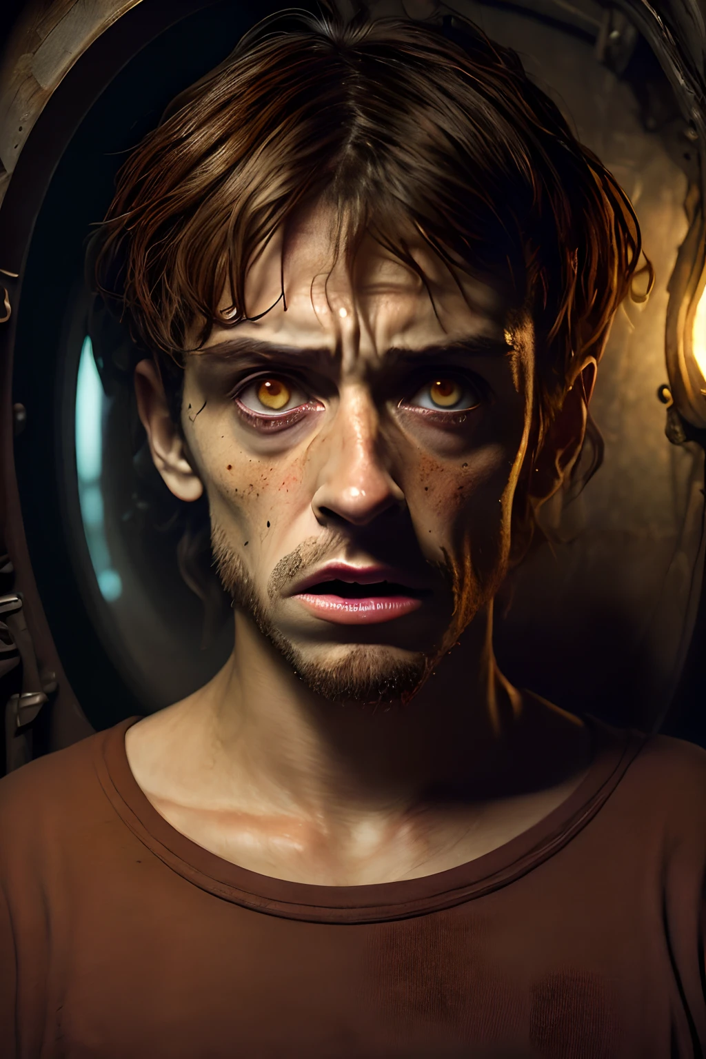 (((monstrous))), (((very ugly))), (extremely detailed 8k wallpaper), Dark Theme, Modern Horror, (normal eyes), uses (poor clothes), fine focus, (subsurface dispersion:1.1), (brown hair), (skinny young-aged man), expression (sad), centered face, award-winning photography, dramatic lighting, in the sewers.