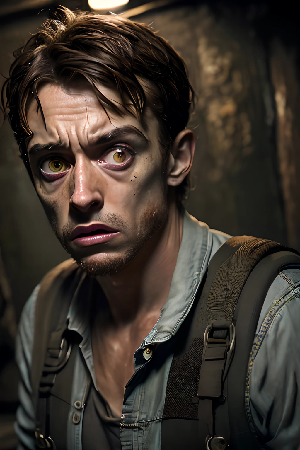 (((monstrous))), (((very ugly))), (extremely detailed 8k wallpaper), Dark Theme, Modern Horror, (normal eyes), uses (poor clothes), fine focus, (subsurface dispersion:1.1), (brown hair), (skinny young-aged man), expression (sad), centered face, award-winning photography, dramatic lighting, in the sewers.