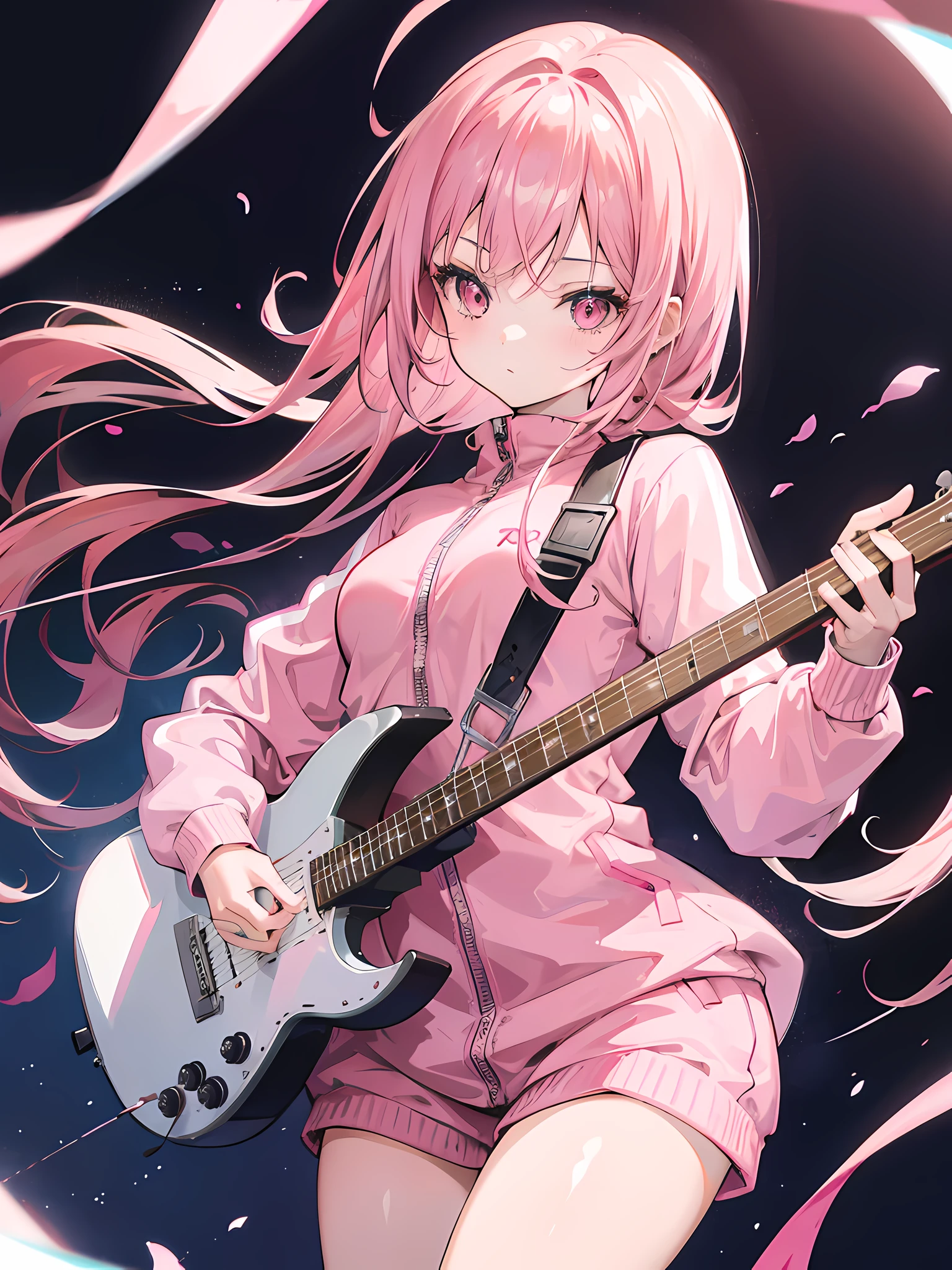 anime girl playing a guitar, (1girl), long pink hair, pink eyes, wearing a pink tracksuit, small breasts, beautiful anime artwork, ultrasharp, masterpiece, high res, 8k