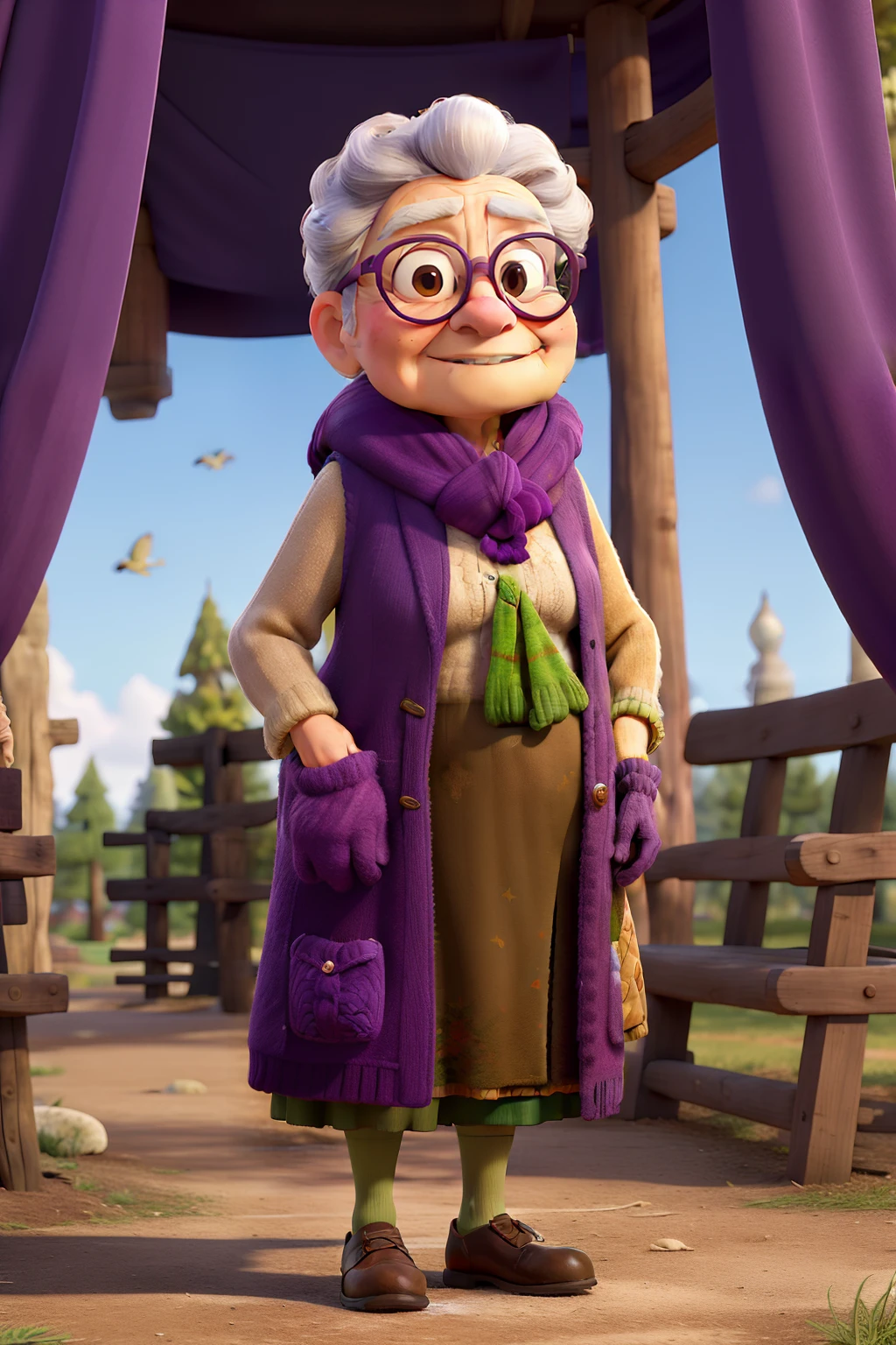 masterpiece, best quality, an old woman with glasses and a scarf on, wearing a purple coat and green scarf, standing at the park