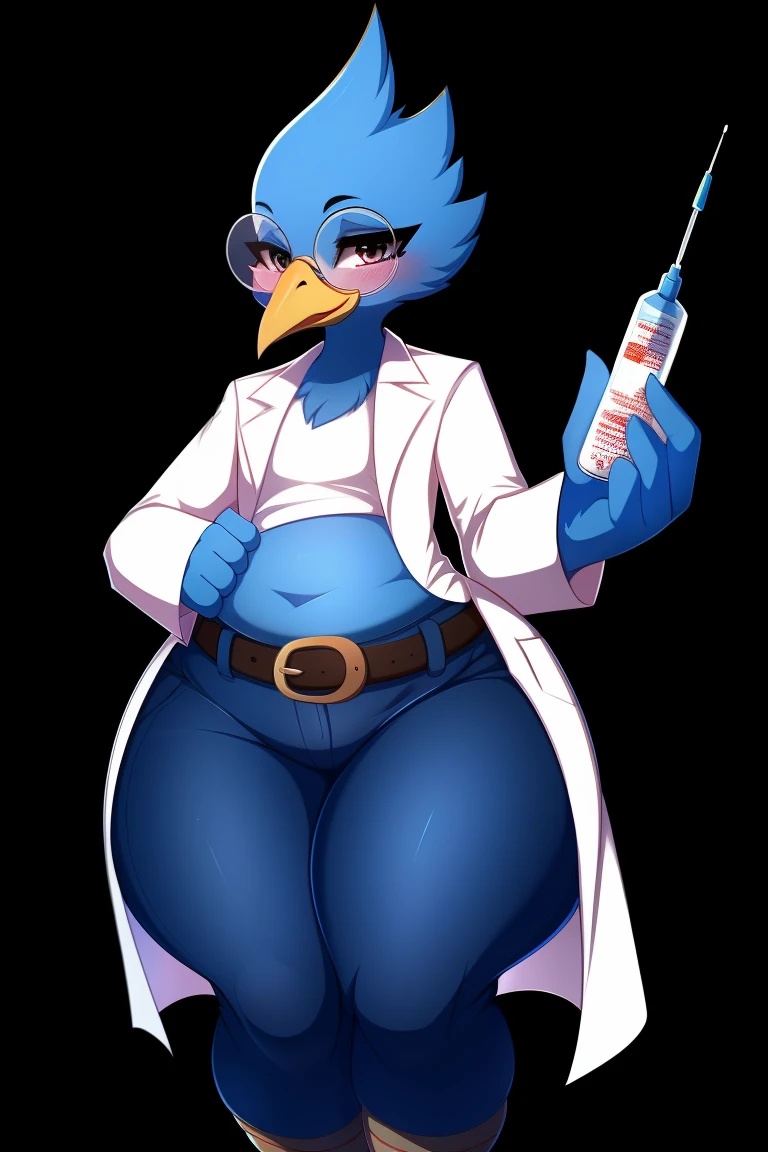 Berdly from Deltarune, (Berdly:0.7), blue body, male, (solo), (standing), 1boy,(circle-glasses), (pose), (portrait), upper body, (avian), (masterpiece, best quality:1.0), black pupils, medical uniform, ((doctor, white coat, black background, holding syringe, belt, white shirt, white pants)), (depth of field),4k fur, 4k, pov, (large thighs:1.0), ((fat hips)), (wide hips), (center of focus), soft light, (pear-shaped body), top quality, highres, (thick thighs:1.4), ambient atmosphere, (artist:magnaluna:0.3)