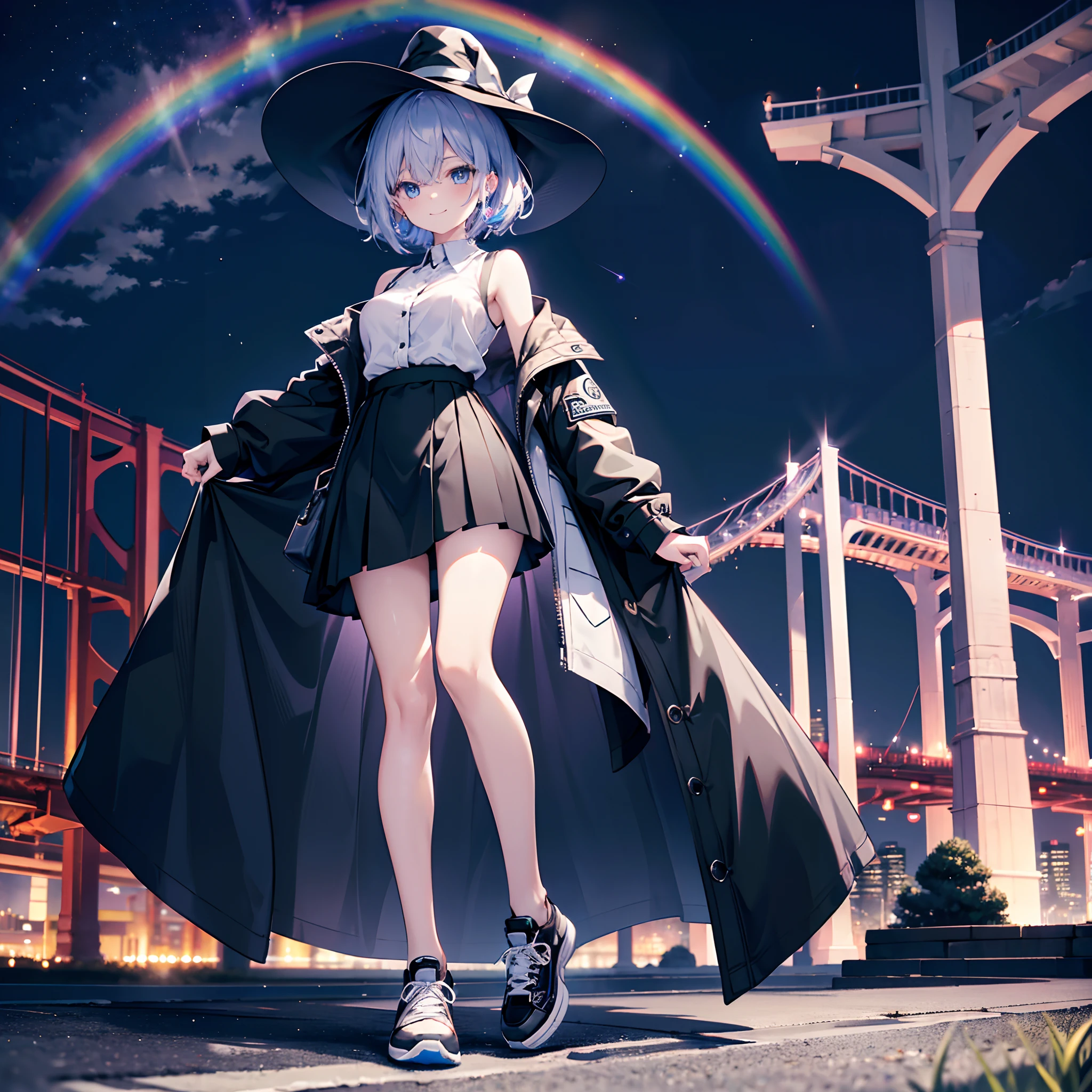 This is a park in Odaiba late at night、You can see the Rainbow Bridge behind you、One 27-year-old woman with small breasts、She wears a large black witch hat with sapphire accessories、White medium shorthair with blue-purple mesh、Looking at me with a smile、Blue eyes with highlights、Black long coat、White camisole、Black Midi Skirt、Black sneakers with white shoelaces、small tits、discreet breasts、hiquality、High Details、high-level image quality、4K picture quality、beatiful backgrounds