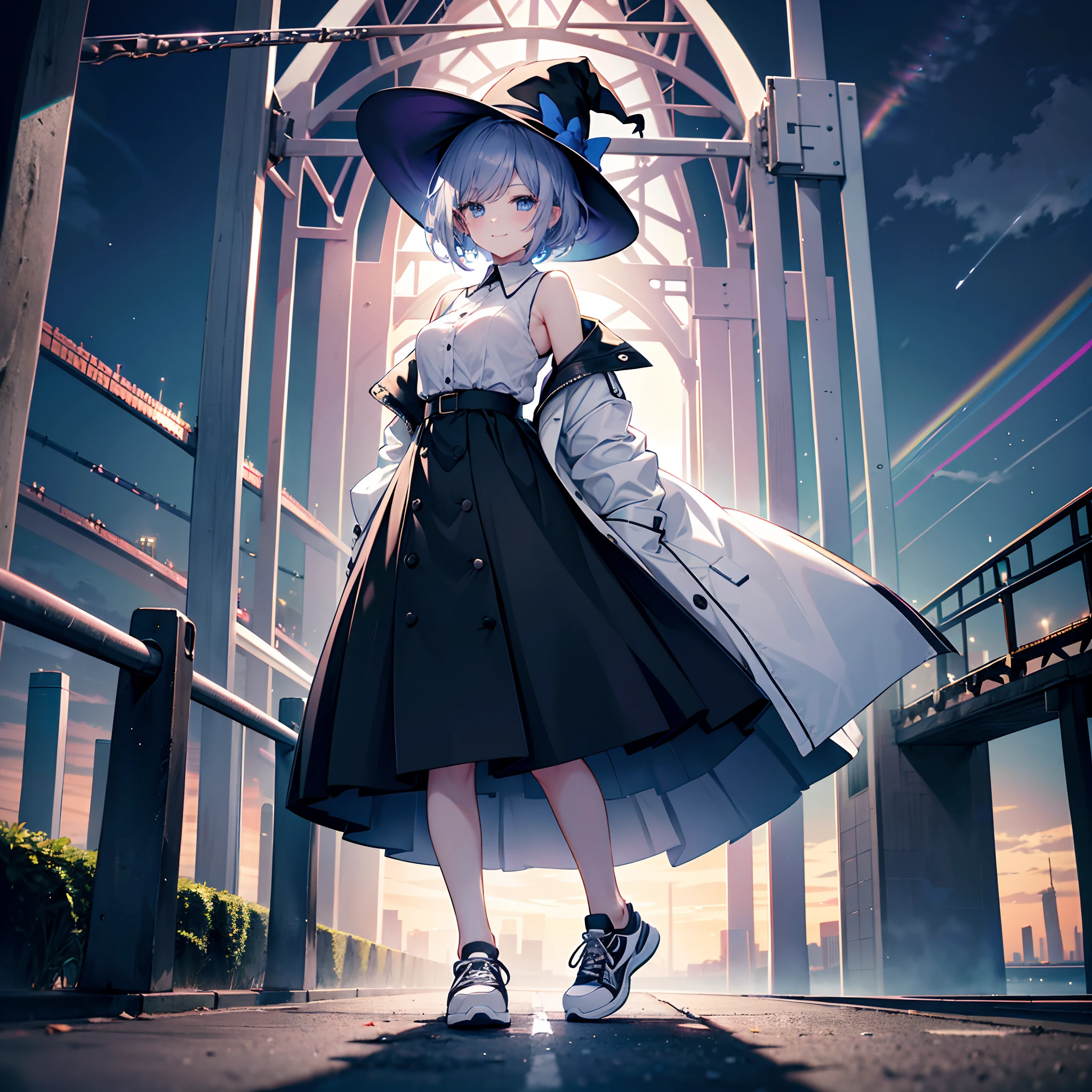 This is a park in Odaiba late at night、You can see the Rainbow Bridge behind you、One 27-year-old woman with small breasts、She wears a large black witch hat with sapphire accessories、White medium shorthair with blue-purple mesh、Looking at me with a smile、Blue eyes with highlights、Black long coat、White camisole、Black Midi Skirt、Black sneakers with white shoelaces、small tits、discreet breasts、hiquality、High Details、high-level image quality、4K picture quality、beatiful backgrounds