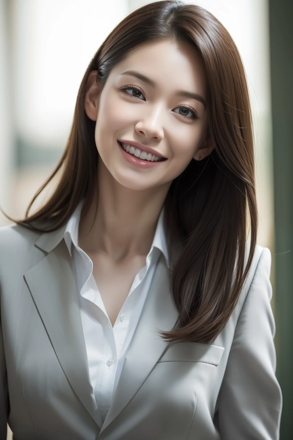 (Realistic, Photorealsitic:1.37),(8K, Raw photo, Best Quality, masutepiece:1.2), Cute, Ultra-detailed,Heart-shaped pupil,Physically-based rendering, 超A high resolution, Kodakvision Color, Shot with Aricum LT camera, Bokeh, Sharp Focus, Looking at Viewer,Photorealistic,Realistic, Solo, Photorealistic, Best Quality,extra detailed face,extremely detailed eye and face, Beautiful detailed eyes,absurderes, unbelievable Ridiculous,haunting smile,hair messy, Floating hair, ,White business suit，Bound waist，