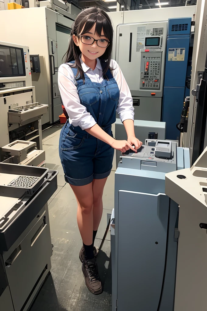 Young woman working energetically in factory、A big smile、Machining Center