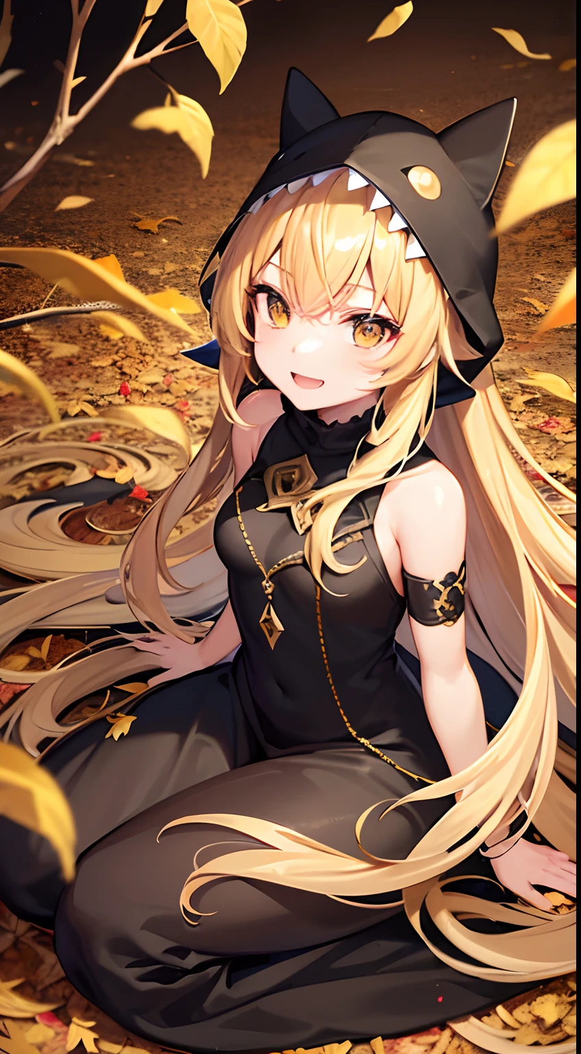 hight resolution、hightquality、ultra-detailliert、8k wallpaper、1人の女性、Beautiful fece、adult-like、a blond、Wearing a shark hood、Teeth are shark fangs、Kamimei、Melancholy is in the air、Lovers feeling、Little devil feeling、Be loved、Familiarity、Gold and black dress、Gold and black background、opulent、Overall more gold and black、Gold Autumn Leaves、Autumn leaves with a golden background