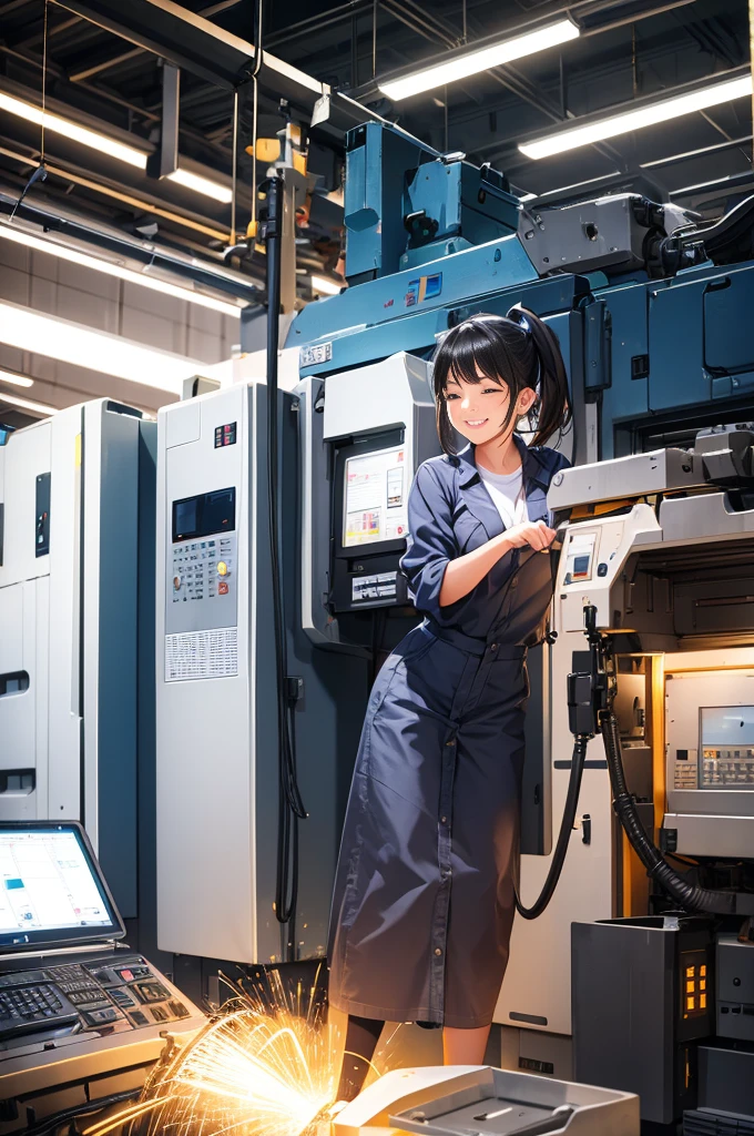 Young woman working energetically in factory、A big smile、Machining Center