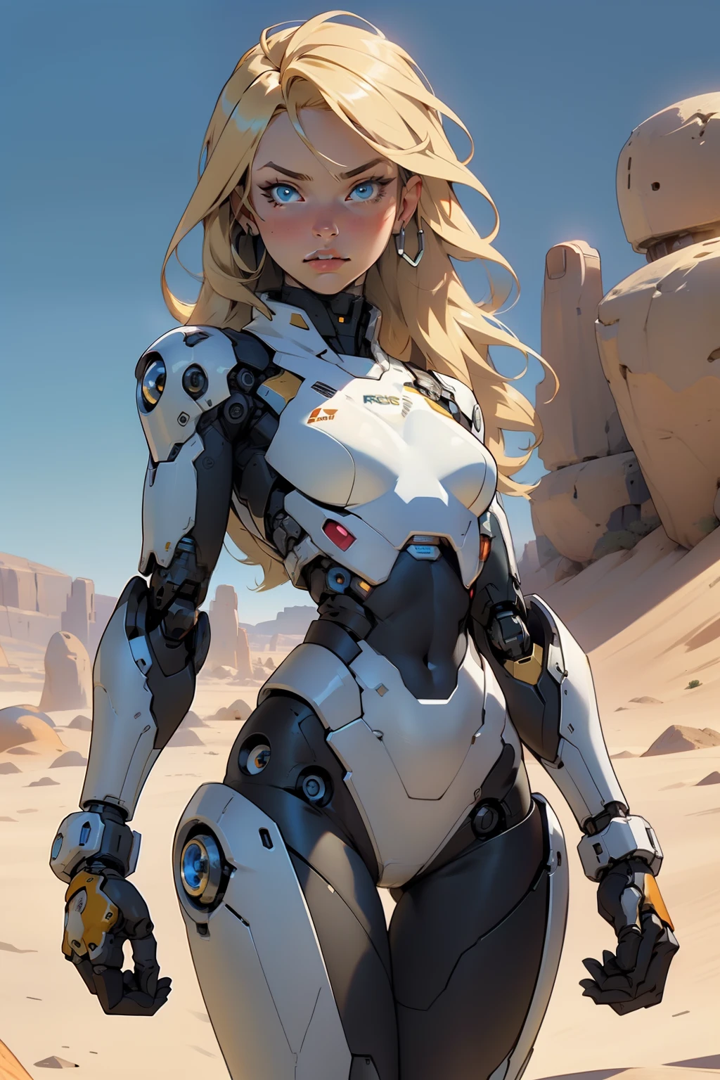 high quality, 4k, masterpiece, beautiful, cyborg girl, cowboy shot, clear eyes, looking at viewer, long blonde hair, girl, small breasts, fit thigh, robotic arms, robotic body, cyborg body, yellow accent, redaccent, intricate detail, joint, detailed lines, robotic detail, holding fist up, holding hand up as fist, color robotic parts, robotic parts with color, perfect fingers, on a desert planet, sunny background, colorful desert,