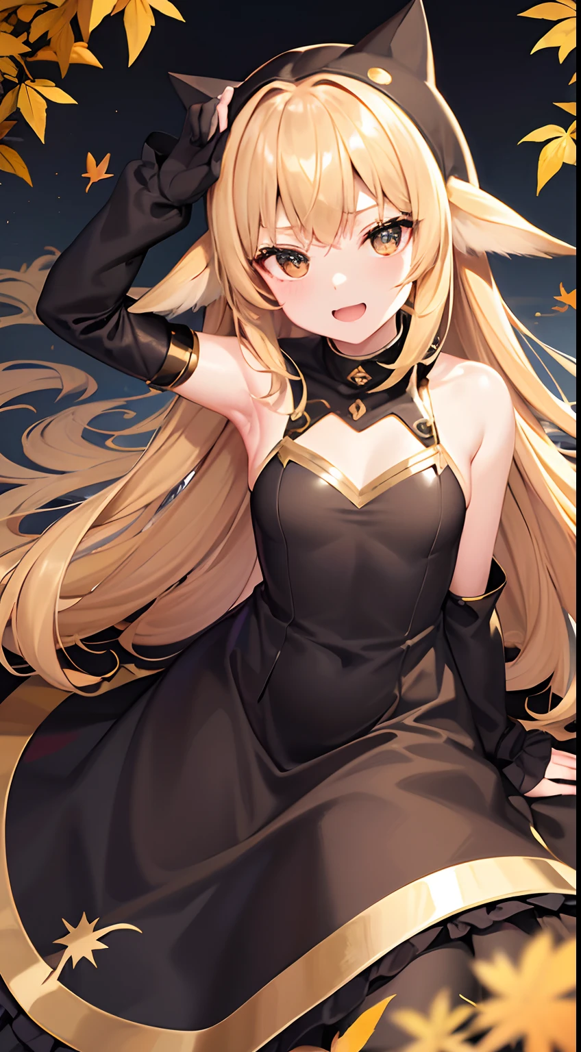 hight resolution、hightquality、ultra-detailliert、8k wallpaper、1人の女性、Beautiful fece、adult-like、a blond、Wearing a shark hood、Teeth are shark fangs、Kamimei、Melancholy is in the air、Lovers feeling、Little devil feeling、Be loved、Familiarity、Gold and black dress、Gold and black background、opulent、Overall more gold and black、Gold Autumn Leaves、Autumn leaves with a golden background