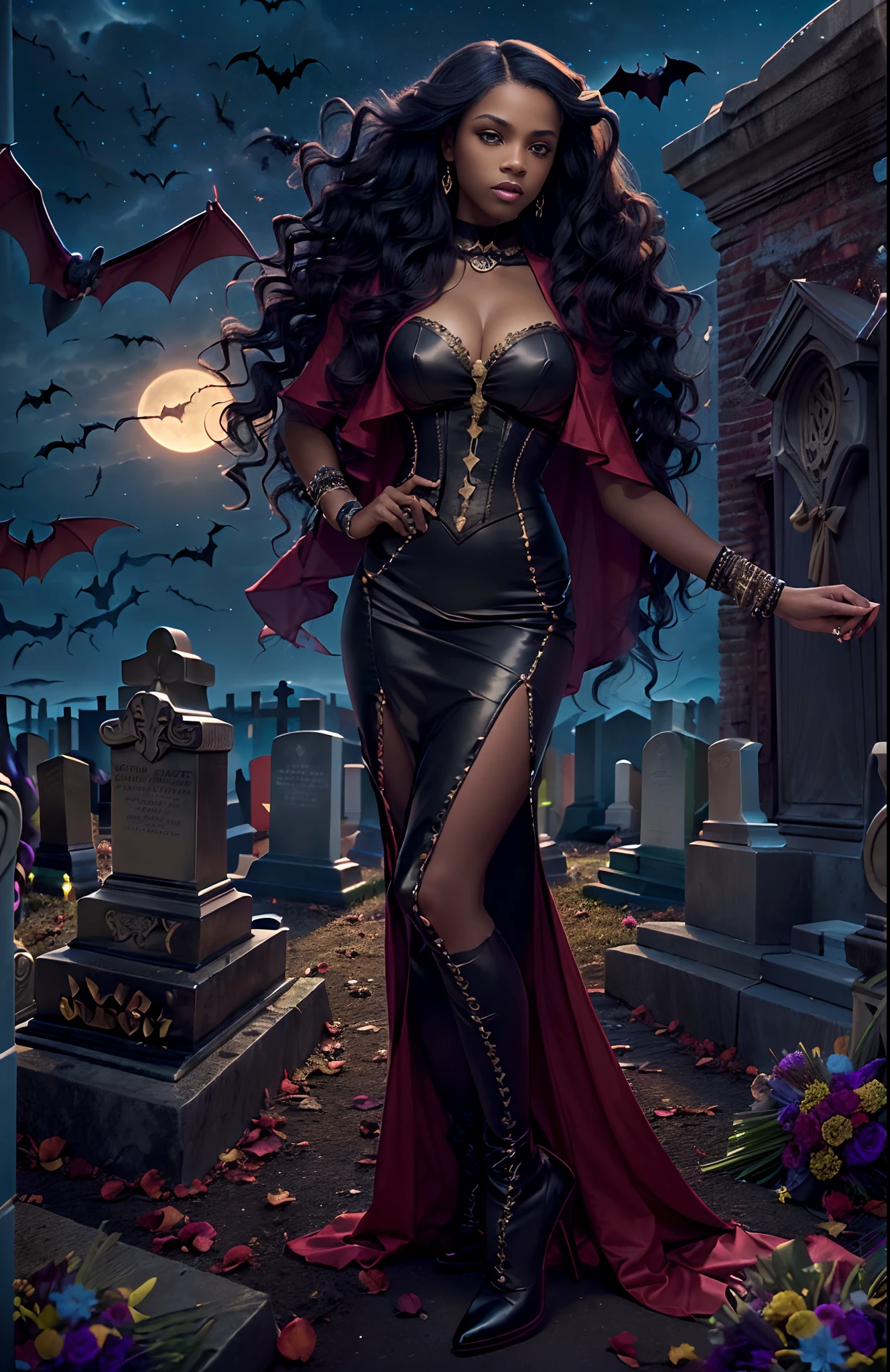((-yeld)))ack girl, (((light skin))), (((vampire))), (((New Orleans cemetary, early 20th century night time during mardi grad))), (((bats flying around))), dusk, (((close-up full body pose))), (((long wavy black hair))), high heel boots, (((wearing period clothing))), dark fantasy art, Rich, Deep Colours, (intricate details:0.9), (HDR, hyper-detailing:1.2), (natural skin textures, hyper realisitc, soft light, Sharp),