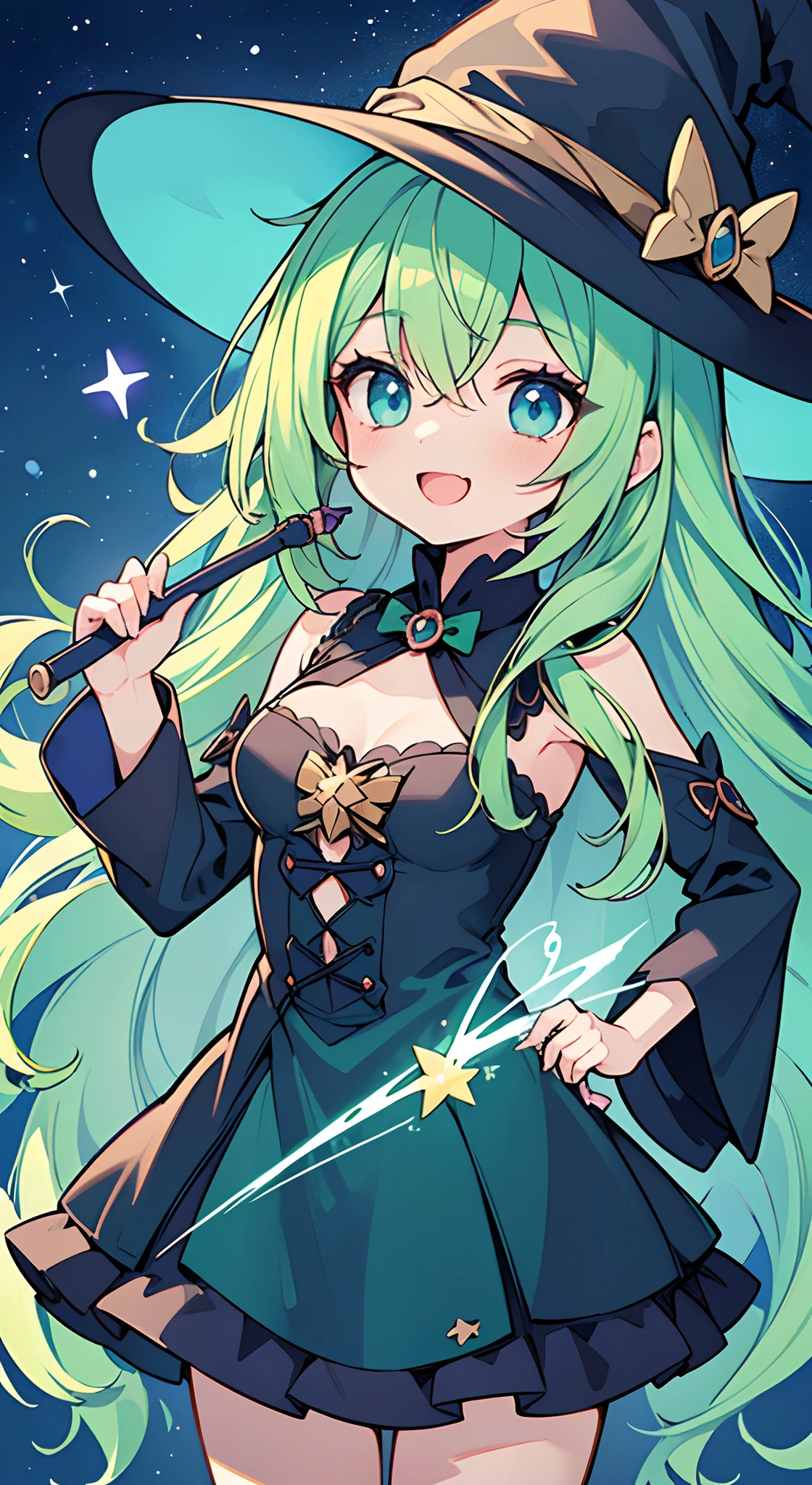 ((Pretty witch with green hair and blue eyes))、witch hat、magic wand、 face、((master piece、top-quality、ultra-definition、high resolution))、anime girl、((ultra-detailed illust:1.2))、only one person、bangs、hair between eye、beautiful hair、Beautiful eyes、Medium breasts、Big smile、opened mouth、stars