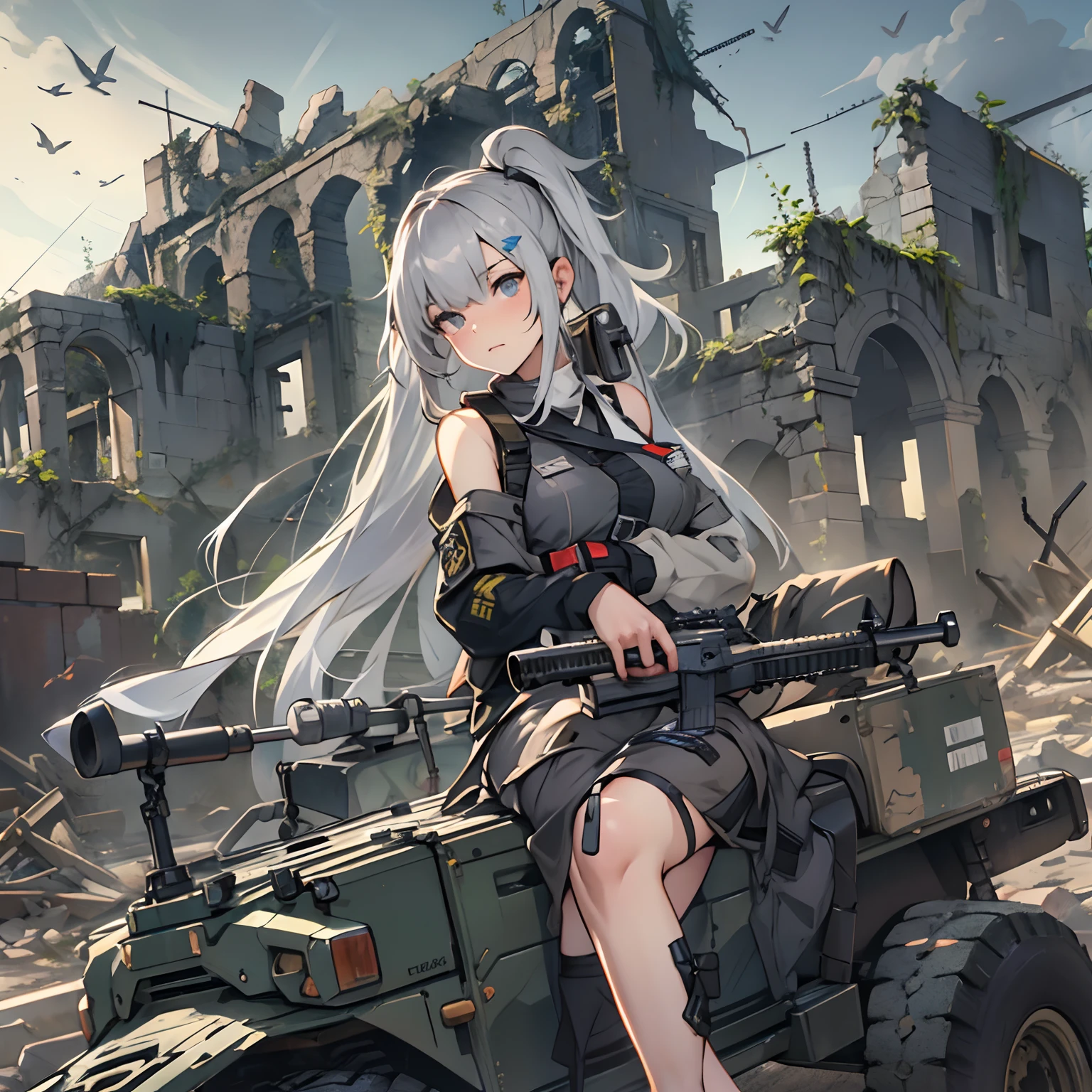 Anime girl riding a jeep in the ruins, girls frontline style, from girls frontline, Fine details. girls' frontline, girls' frontline, girls frontline cg, infantry girl, Women's Last Tour, soldier girl, M4 Sopmod II Girls Frontline, anime maid ss military, girls frontline universe, Mechanized soldier girl, Majora、lieutenant colonel、Girls Moon、Start of battle!,(((Silver hair with long twin tails))),Full