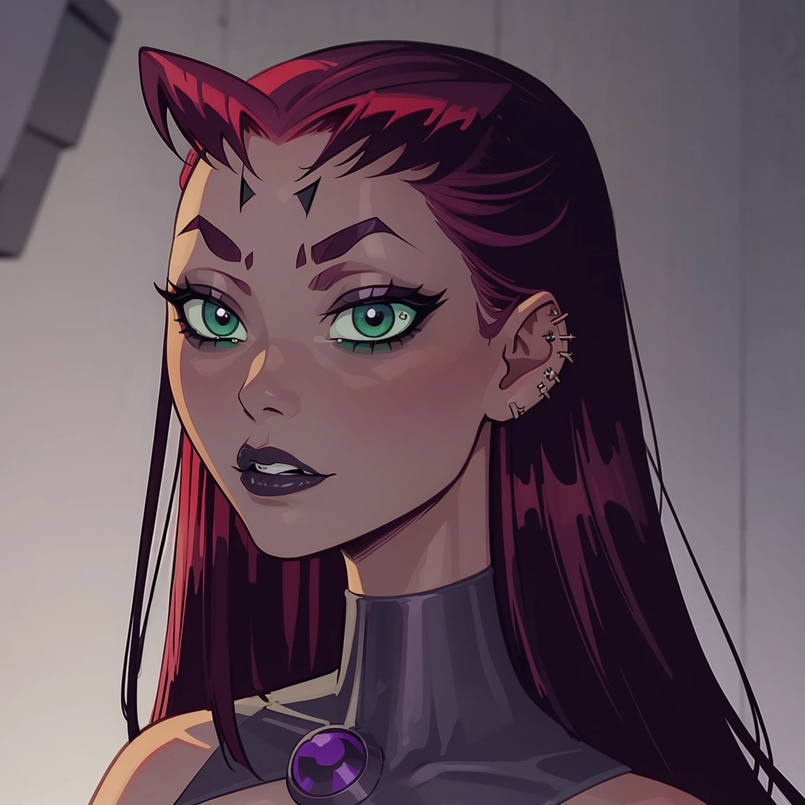 Starfire, dark green eyes, reddish hair, green pupils, piercings, goth, punk, gothic, lip piercing, ear piercing, goth, eye shadow, gothgirl, gothy, detailed face, masterpeice