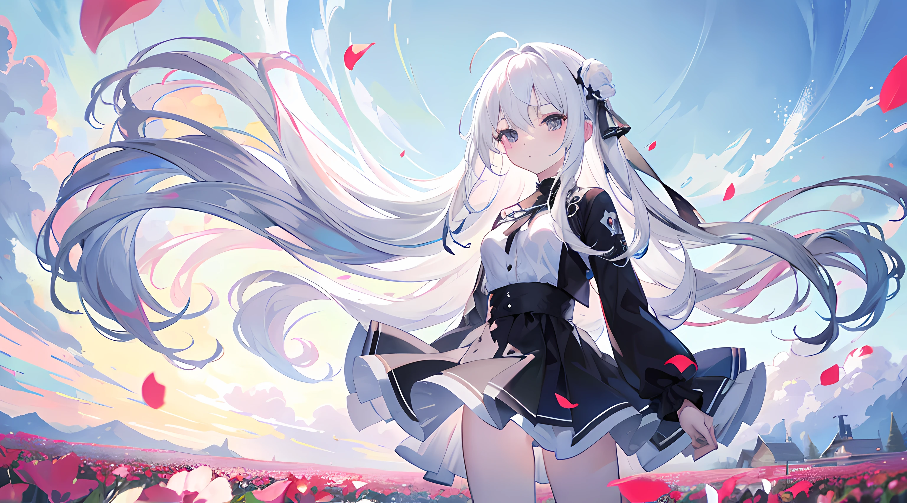 anime girl standing in a flower field, clear sky, blowing air, (1girl), long white hair, black eyes, white shirt, white miniskirt, small breasts, beautiful anime artwork, ultrasharp, masterpiece, high res, 8k