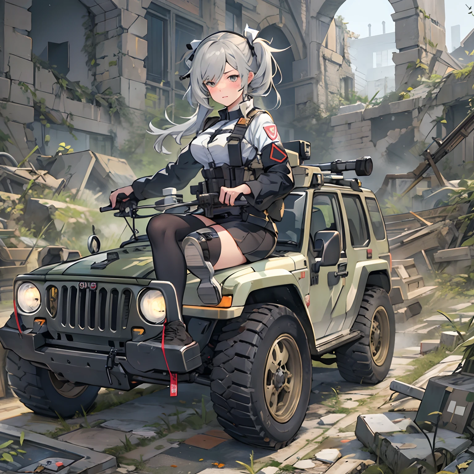 Anime girl riding a jeep in the ruins, girls frontline style, from girls frontline, Fine details. girls' frontline, girls' frontline, girls frontline cg, infantry girl, Women's Last Tour, soldier girl, M4 Sopmod II Girls Frontline, anime maid ss military, girls frontline universe, Mechanized soldier girl, Majora、lieutenant colonel、Girls Moon、Start of battle！