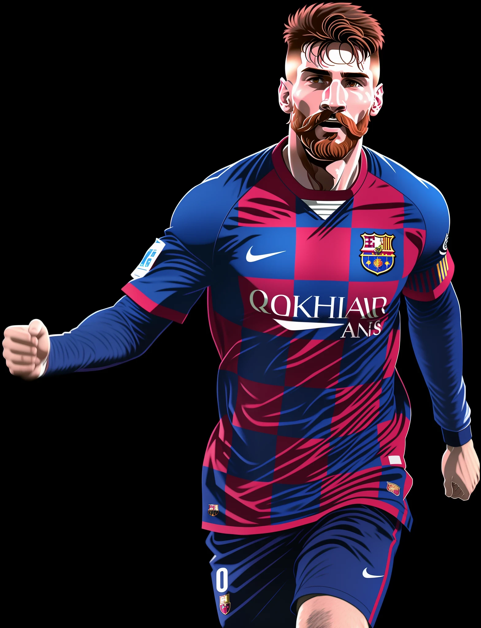 The image of the footballer Messi running, There is a beard,Cheer loudly, Inspired by Julai Julius Klovic, game render, D rendering, Footballer Messi, inspired by Víctor Manuel García Valdés, A digital rendering, 8k render”, inspired by Alonso Vázquez, Official artwork, Rendu portrait 8k