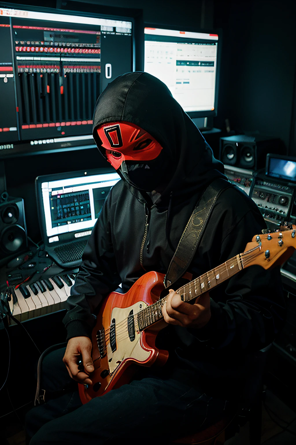 a masked music producer in his music studio, fundo escuro, cores neon