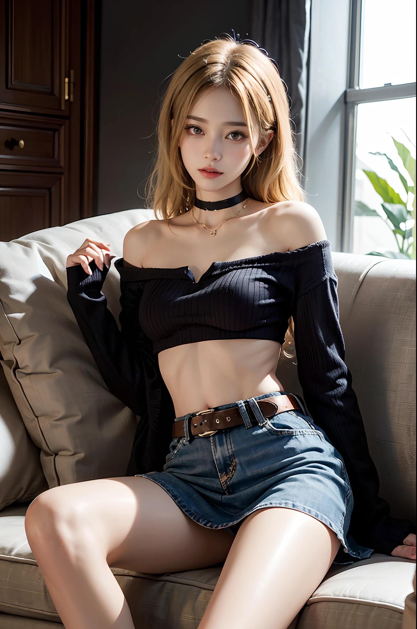 ((cowboy shot)), ((Shot from a random perspective)), Asian model, 20yr old, lying on sofa, Cross ed leg, posing elegantly, high and cold, Blonde hair, curlies, Long messy hair, whitesweater, cropped shoulders, Short black high-waisted skirt, Delicate belt, cropped shoulders, high-waist, Close up, warm lights, a warm color palette, tmasterpiece, best qualtiy, offcial art, rich details​, Clear face, Professional lighting, フォトンマッピング, ラジオシティ, Physically-based rendering, 耳 Ring, choker necklace, Hairpins, light make-up
