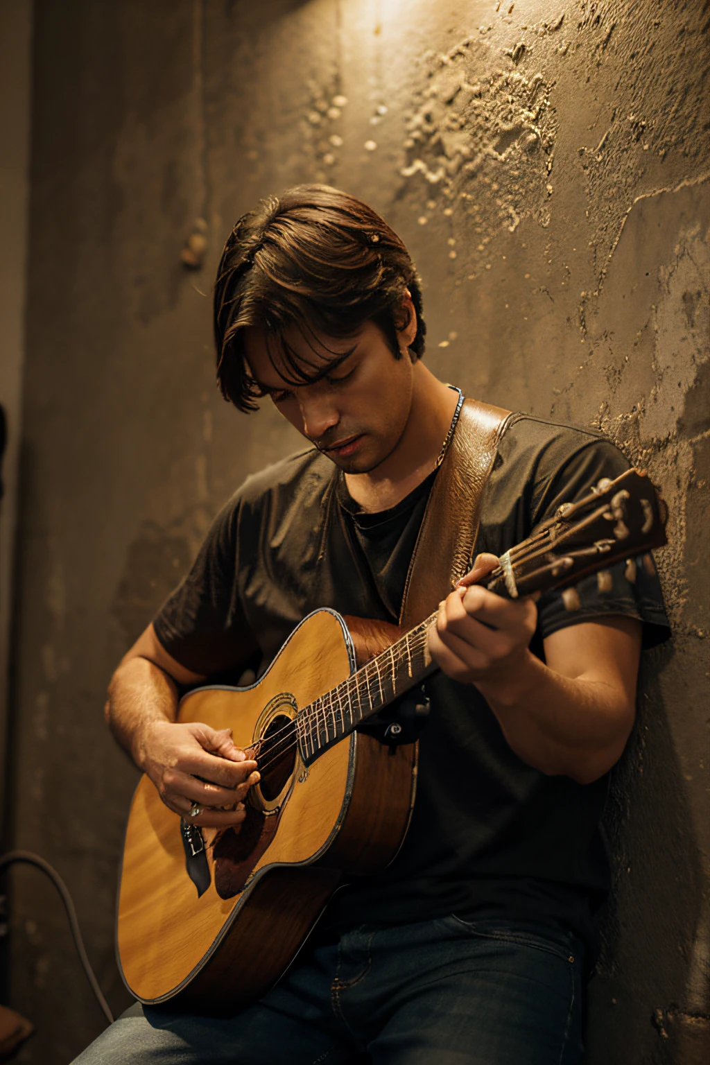 an man playng an acoustic guitar, fundo escuro, cores neon