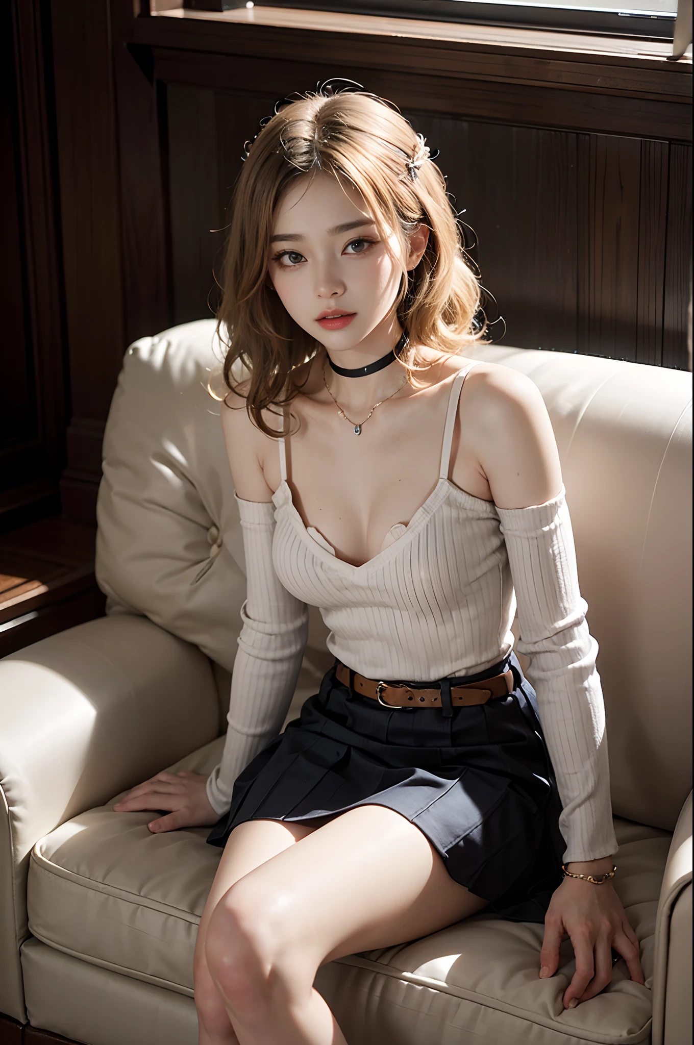 ((cowboy shot)), ((Shot from a random perspective)), Asian model, 20yr old, lying on sofa, Cross ed leg, posing elegantly, high and cold, Blonde hair, curlies, Long messy hair, whitesweater, cropped shoulders, Short black high-waisted skirt, Delicate belt, cropped shoulders, high-waist, Close up, warm lights, a warm color palette, tmasterpiece, best qualtiy, offcial art, rich details, Clear face, Professional lighting, フォトンマッピング, ラジオシティ, Physically-based rendering, 耳Nipple Ring, choker necklace, Hairpins, light make-up