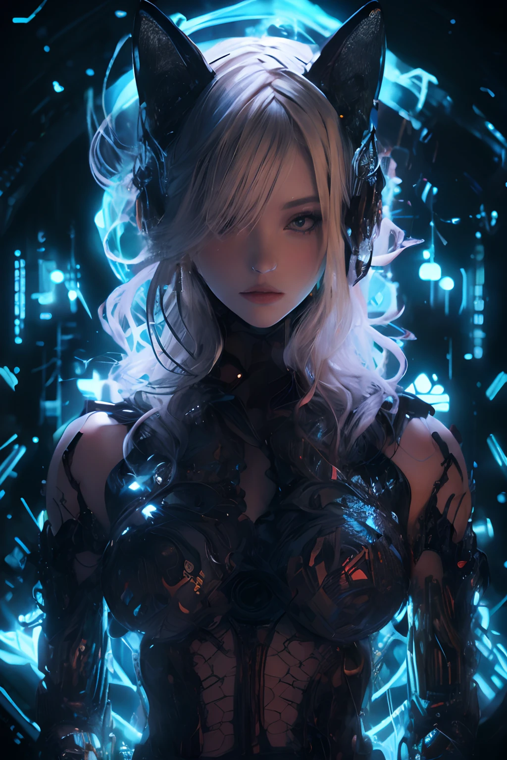 beautiful countenance、beautidful eyes、Super masterpiece、Insanely detailed infographic drawings、neons 、Glitter cat ears、Blonde Girl Cyberpunk Vast Photography Breaktree Production Art、Fractal Art 、Lots of black and silver、Intricate purple details、Volumetric lighting、BREAK Realism(master piece: 1.2) , (Top image quality), 4K, The ultra-detailliert, (dynamic compositions: 1.4), high detailing, Colorful Detail, (Irridescent color: 1.2), (Bright lighting, Atmospheric lighting), dream-like, Magical, (独奏: 1.2)
