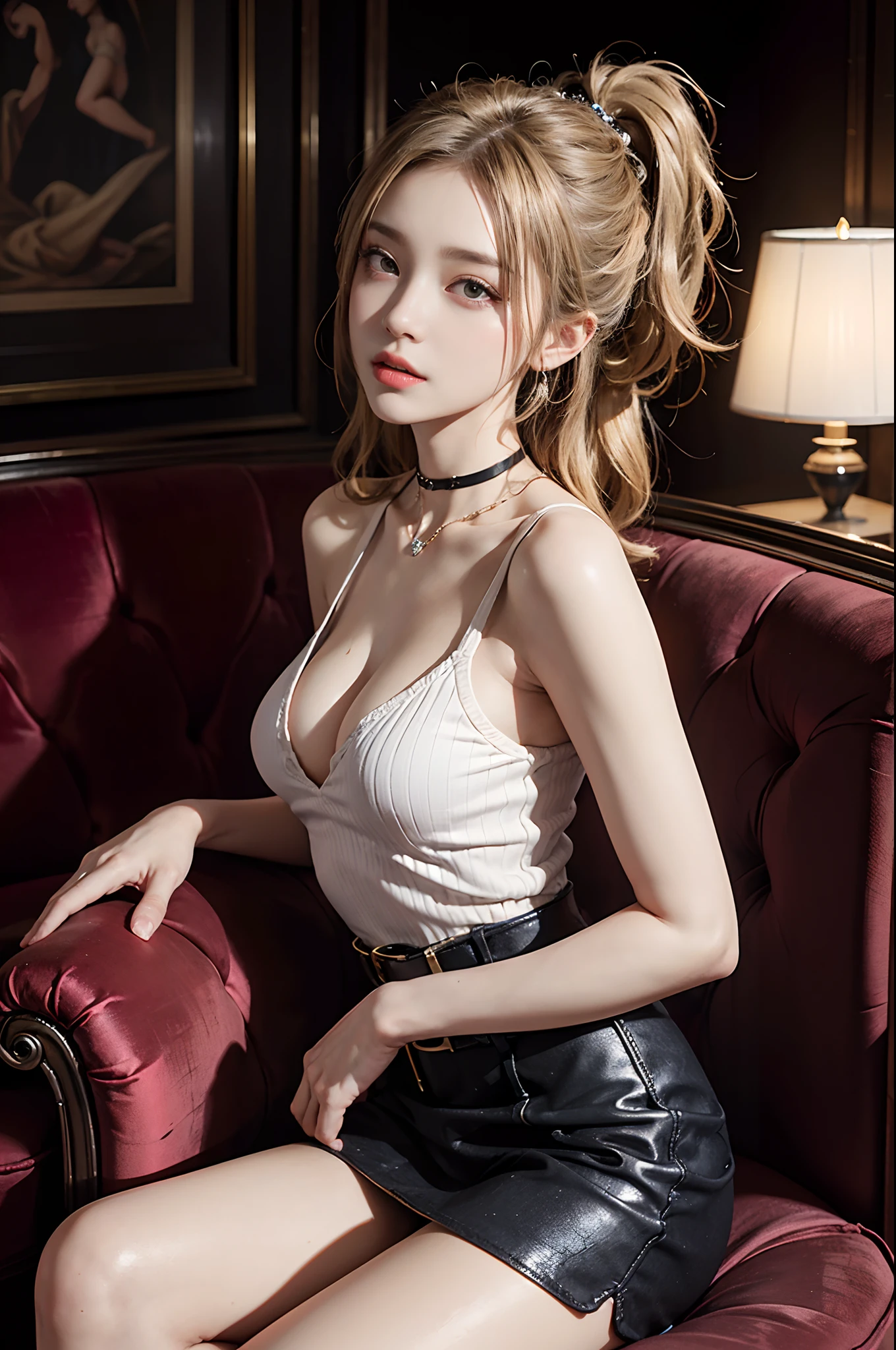 ((cowboy shot)), ((Shot from a random perspective)), Asian model, 20yr old, lying on sofa, Cross ed leg, posing elegantly, high and cold, Blonde hair, curlies, Long messy hair, whitesweater, cropped shoulders, Short black high-waisted skirt, Delicate belt, cropped shoulders, high-waist, Close up, warm lights, a warm color palette, tmasterpiece, best qualtiy, offcial art, rich details, Clear face, Professional lighting, フォトンマッピング, ラジオシティ, Physically-based rendering, 耳Nipple Ring, choker necklace, Hairpins, light make-up