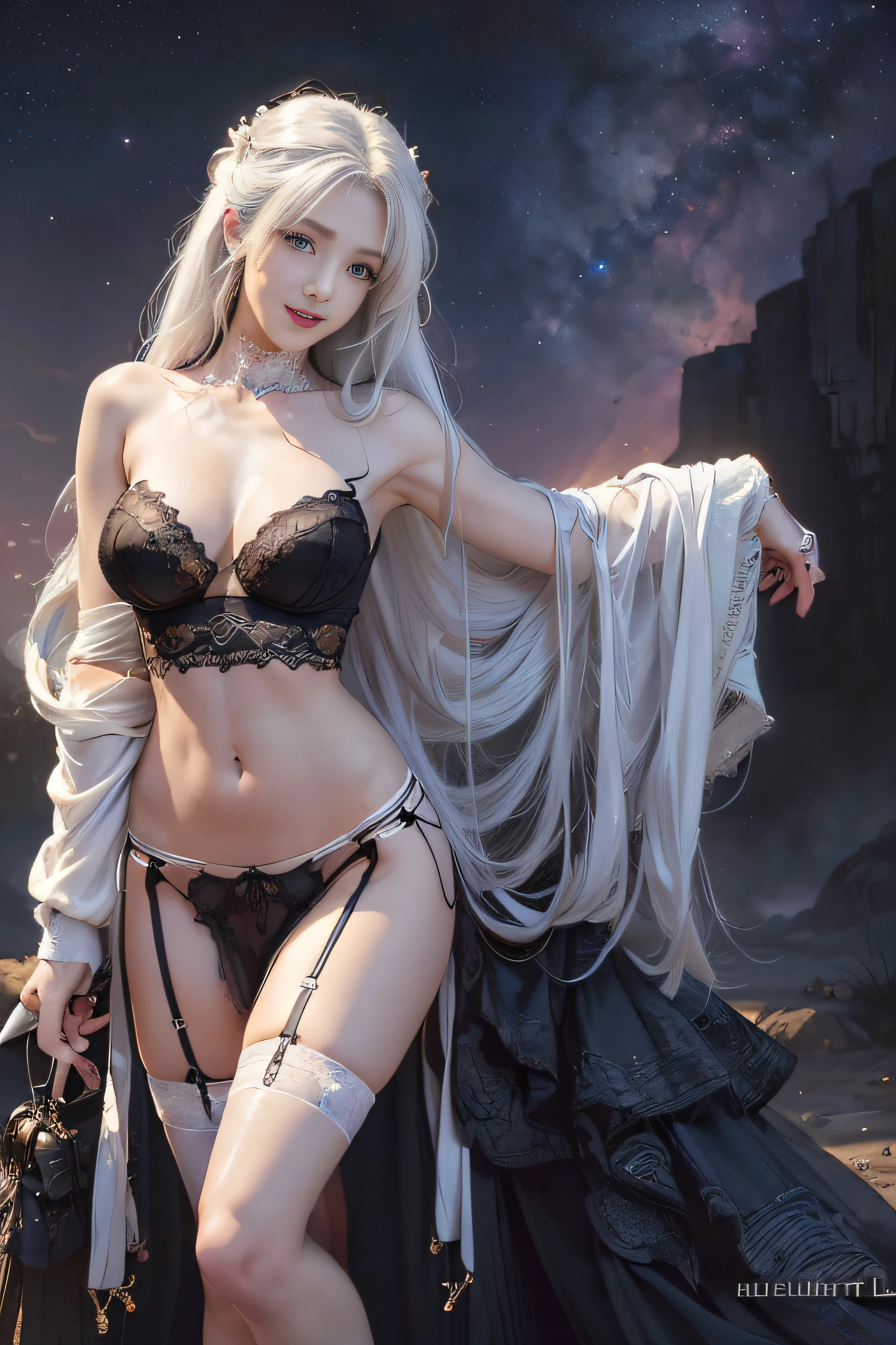 ((tmasterpiece:1.4)、(top-quality:1.4)、(reallistic:1.7))、By Luis Royo(By Luis Royo)Surreal portrait of a beautiful girl、Super beautiful girl、((1girl in:1.4))、Shiny natural skin texture、Authors:By Luis Royo(By Luis Royo)、age19、(Two arms:1.4、Two legs:1.4)、(perfect anatomia:1.4)、(Perfect female body:1.4)、Portrait photo of a girl、Close-up photos、Full body shooting、((masutepiece:1.4), (of the highest quality:1.4), (Realistic:1.7), By Luis Royo, Beautiful Girl, Super beautiful girl, ((1girl in:1. 4), Shiny natural skin texture, Authors: By Luis Royo, 19 years old, (Perfect female body: 1.4), (Perfect female body: 1.) 4), Portrait photo of a girl, Close-up photos, (Full body photo), Fantasy Art, Soft front light, Beautiful expression, Kawaii face, Beautiful breasts, Large Full Breasted: 1. 2, Beautiful buttocks, Fine eyes, Clear and eye-catching, beautiful and alluring, Beautiful eyes, thin waist, Raw photo, Red lips, ((White hair, Long hair)) , 1 Screen View, ),((Off-the-shoulder hand-knitted sweater))、((Black tight skirt))、 (sexyposture), (the milky way in the sky),((T-back panties))、((Black garters and garter belts))、(A smile)、((Vaginal orchids))、((erection)),((sexypose))