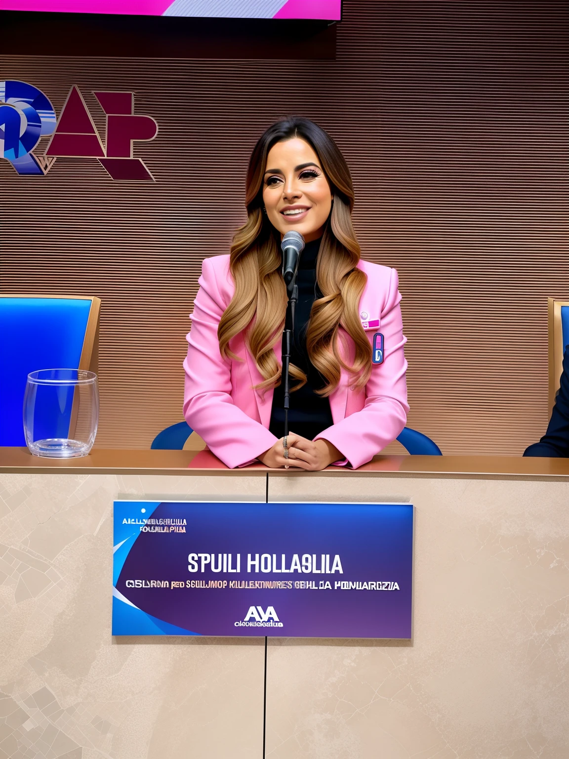 Woman in pink jacket sitting on a podium with microphone, Carola Rubio, inspired by Gina Pellón, Guilherme H. Pongiluppi, Alanis Guillen, Legendas, by Gina Pellón, by Amelia Peláez, Directed by: Silvia Pelissero, Mulher de 30 anos de Cuba, solid background, coletiva de imprensa, julia fuentes