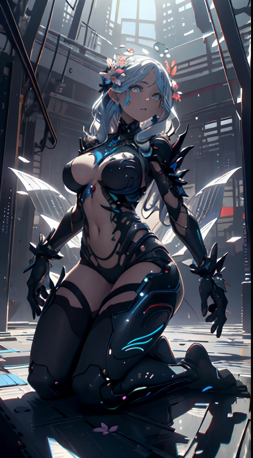 (1girll:1.4),arte de terror, Funk, Unity 8k wallpaper, Ultra detailed, Beautiful and aesthetic, Masterpiece, Best quality, (zentangle, mandalas, Tangled, entangle) Intricate, Highly detailed, art stations, behans, Anart features biomechanics style illustrated beauty, Full body like,Huge bust,long leges,squatt,kneeling down,with a well-proportioned body, Extremely colorful,Blend into the body, Acrylic bubbles and flowers, Ferrofluids, Water deformation. Looking up, intricate abstract. Obras de arte intrincadas. beeple. A mixture of organic and mechanical elements, Futuristic, scybernetic, Detailed, Intricate, Dark theme, (in awe:1.2), self-assured, (Surprised:0.7), Natural skin, Stan Manukian(Stan Manukian)style of,Unbiased physically based rendering, Natural lighting, Soft shadows, Very high resolution detail, Photogram, Realism is pushed to the extreme, Fine texture, 4K, Ultra-detailed, High quality, High contrast,