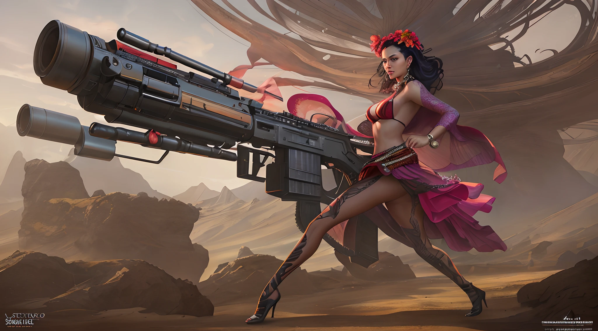 arafed woman in a hula skirt holding a machine gun, jen bartel, 🌺 cgsociety, karol bak uhd, airbrush concept art, beautiful digital artwork, hyperrealistic fantasy art, amazing fantasy art, fantasy art behance, wojtek fus, 4k fantasy art, airbrush digital art, 3d digital art 4k, mark brooks detailed