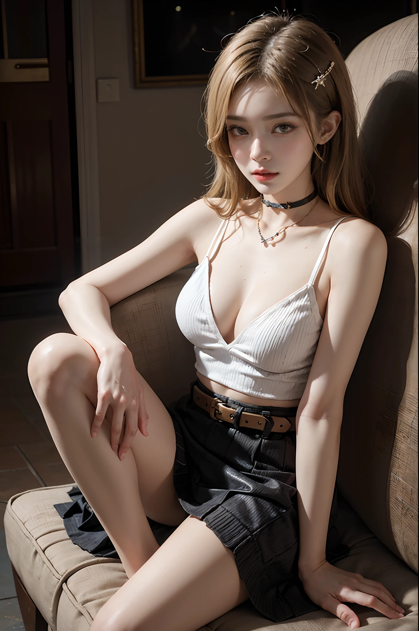 ((cowboy shot)), ((Shot from a random perspective)), Asian model, 20yr old, lying on sofa, Cross ed leg, posing elegantly, high and cold, Blonde hair, curlies, Long messy hair, whitesweater, cropped shoulders, Short black high-waisted skirt, Delicate belt, cropped shoulders, high-waist, Close up, warm lights, a warm color palette, tmasterpiece, best qualtiy, offcial art, rich details​, Clear face, Professional lighting, フォトンマッピング, ラジオシティ, Physically-based rendering, 耳Nipple Ring, choker necklace, Hairpins, light make-up