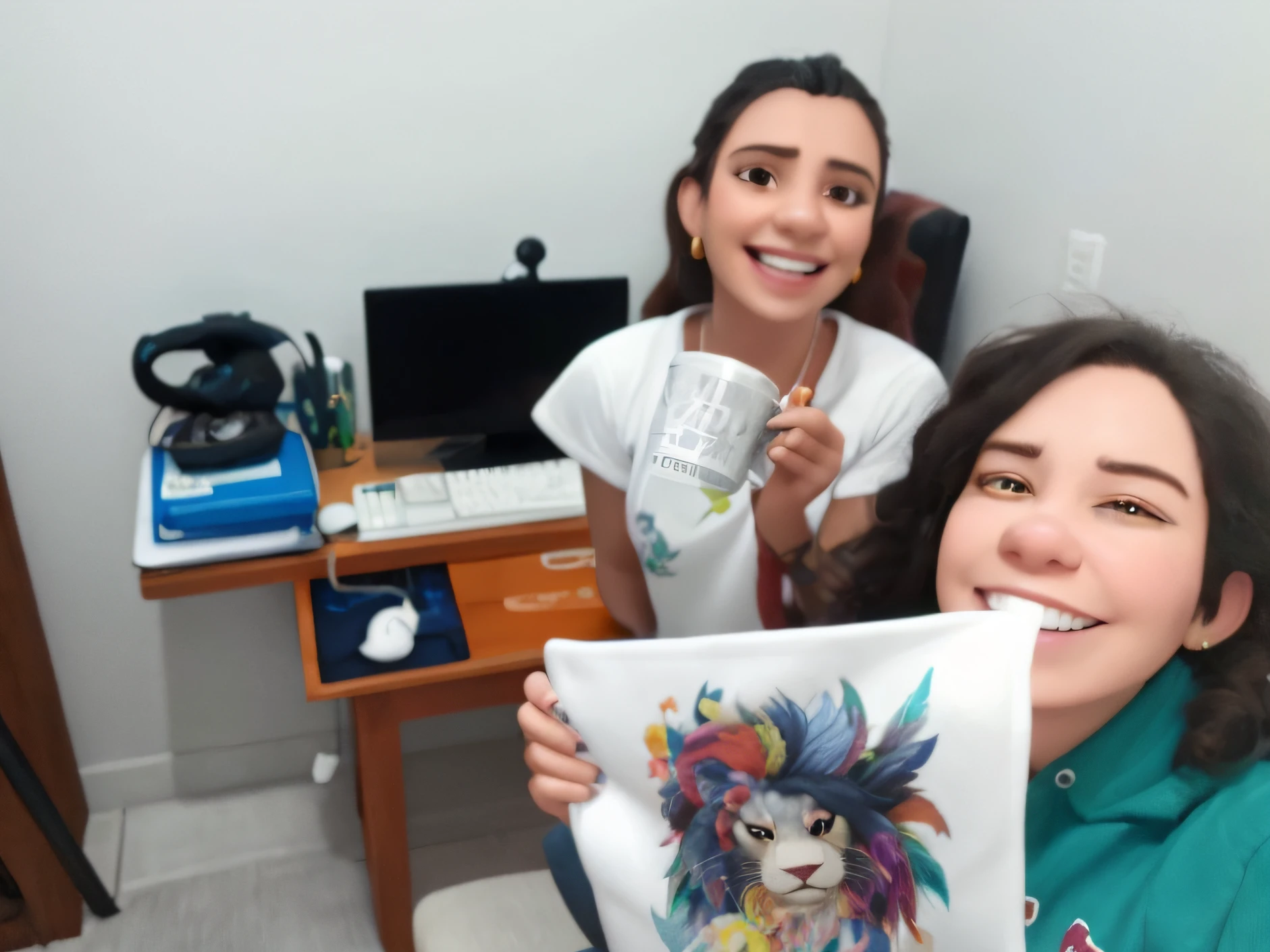 It's two women, One holding a cushion emblazoned with a feathered lion, a outra sorrindo e segurando uma caneca branca com frase estilo disney pixar, alta qualidade, melhor qualidade