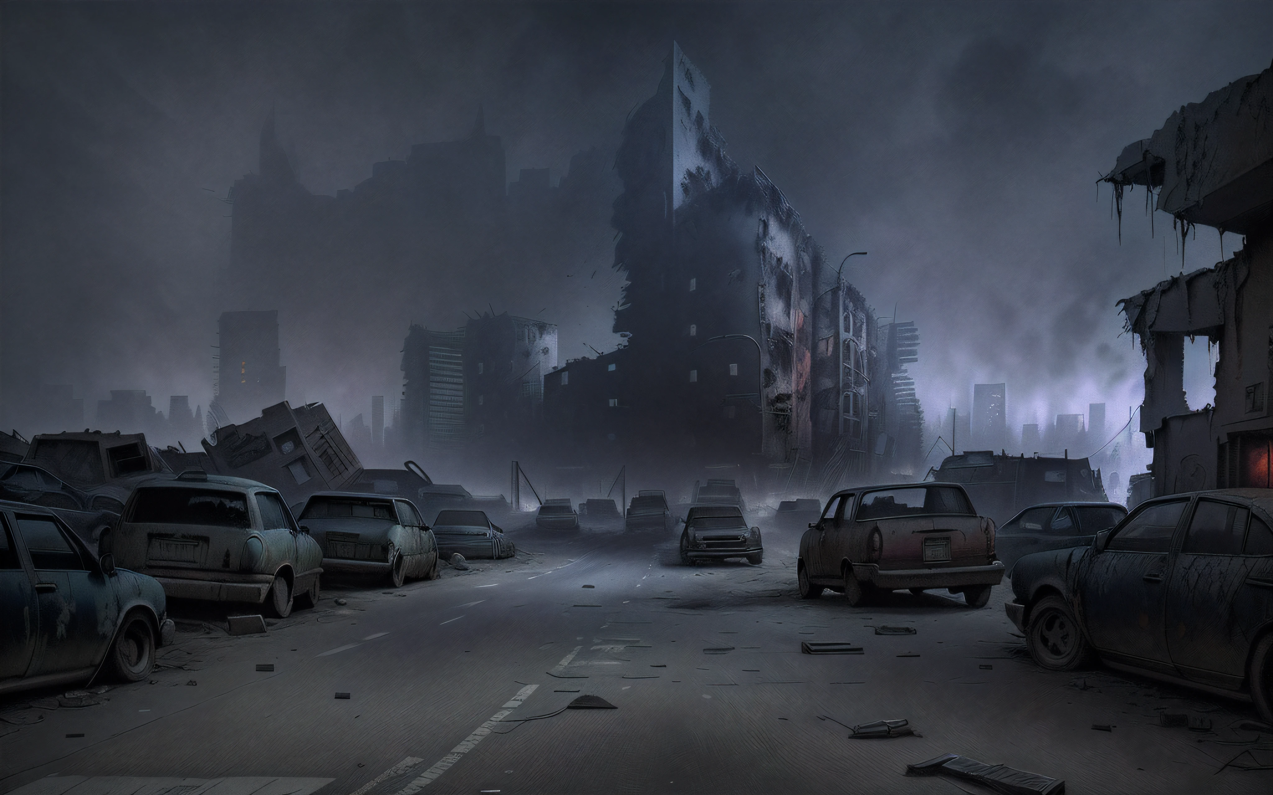 cars are parked on the side of a road in a city, photorealistic dark concept art, post - apocalyptic city streets, dark cinematic concept art, destroyed city in the background, resident evil virus concept art, digital concept art of dystopian, apocalyptic city, post - apocalyptic city, post apocalyptic city, dark abandoned city streets, apocalyptic city backround, eerie nostalgic concept art