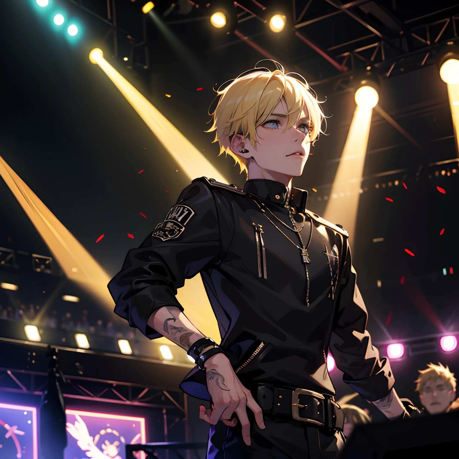 Young guy, blond hair, Emo clothes, punk, concert, singer, At the concert, Spotlights, rock, circuits