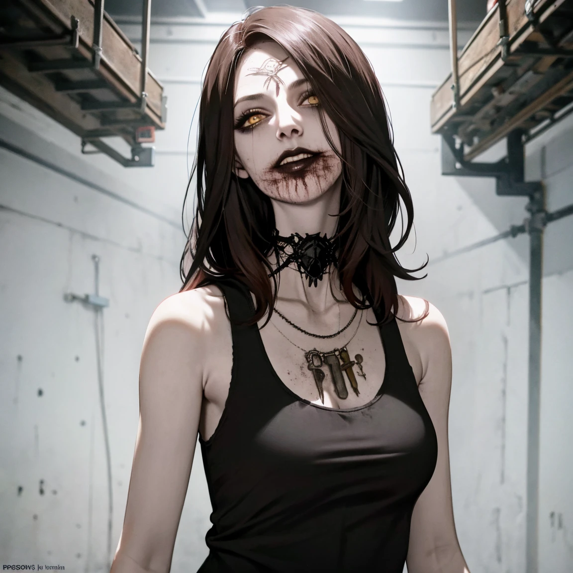 DanielaV4, black hair, raven hair, blood on mouth, black hair, black hair, dungeon background, black tank top, tank top