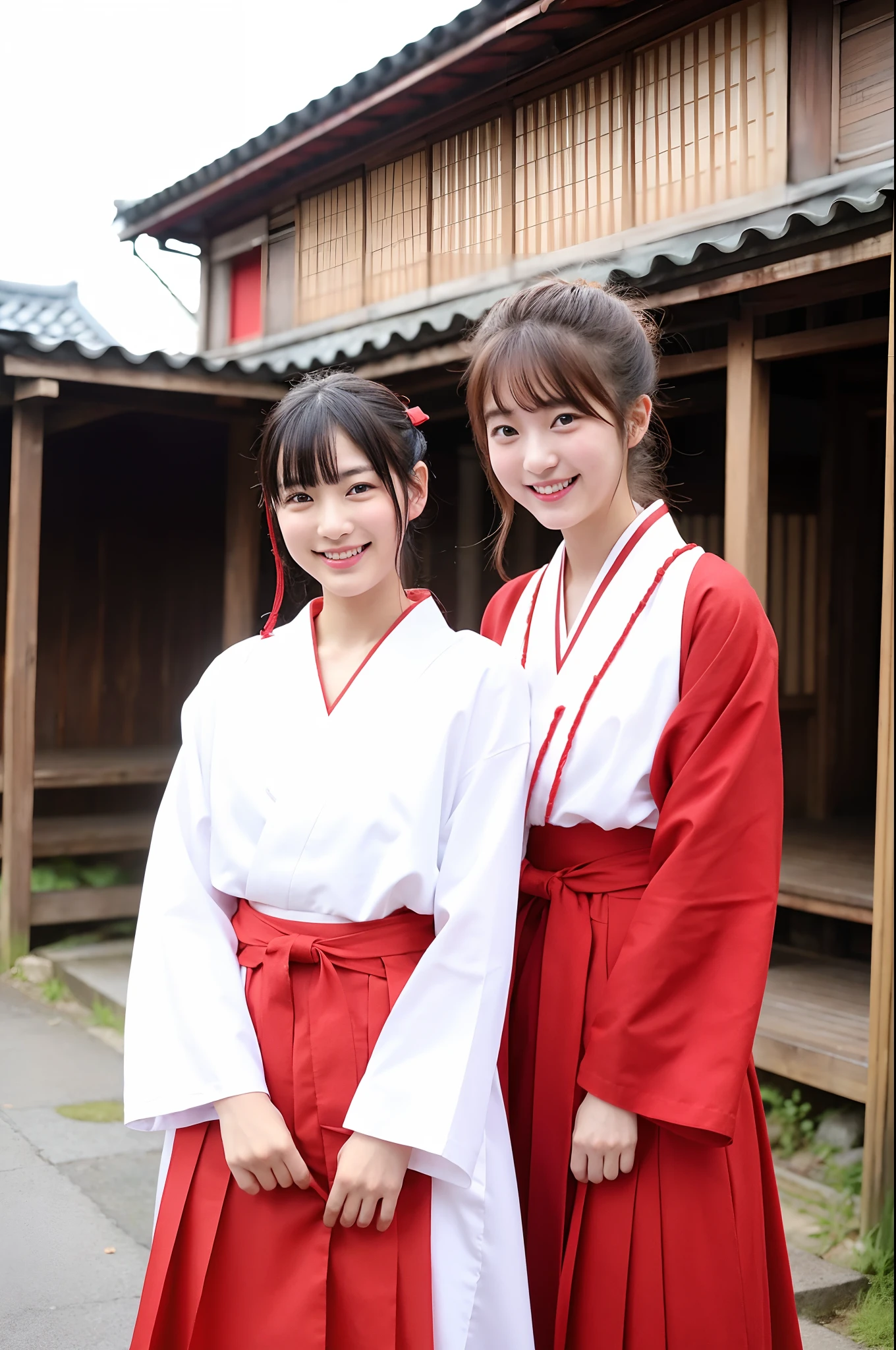 girls in Japanese shrine under sky,long-sleeved white hakama top and red hakama-bottom,red string bow on hair,18-year-old,bangs,a little smile,legs,short cut hair,low ponytail,from below,frontlighting