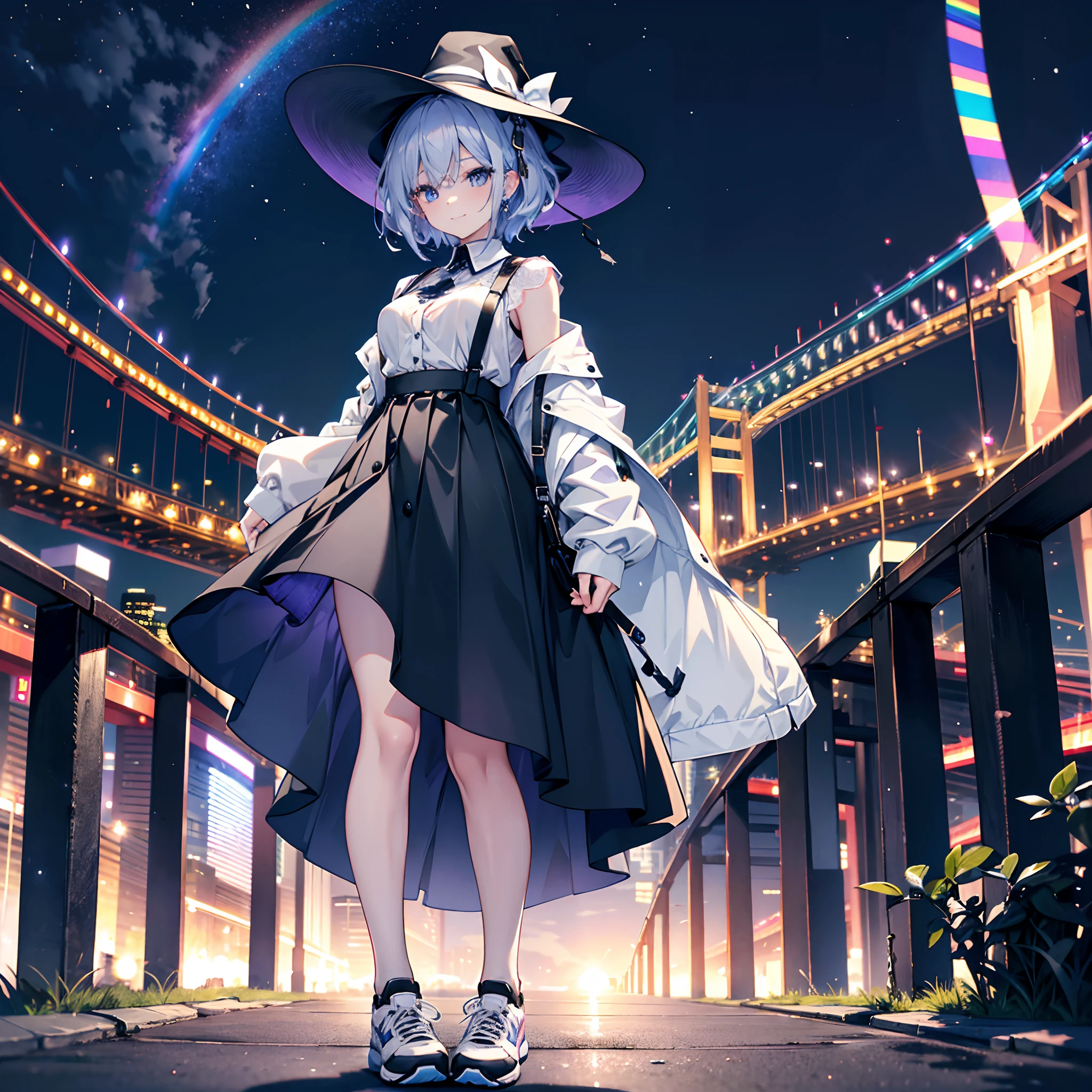 This is a park in Odaiba late at night、You can see the Rainbow Bridge behind you、One 27-year-old woman with small breasts、She wears a large black witch hat with sapphire accessories、White medium shorthair with blue-purple mesh、Looking at me with a smile、Blue eyes with highlights、Black long coat、White camisole、Black Midi Skirt、Black sneakers with white shoelaces、small tits、discreet breasts、hiquality、High Details、high-level image quality、4K picture quality、beatiful backgrounds