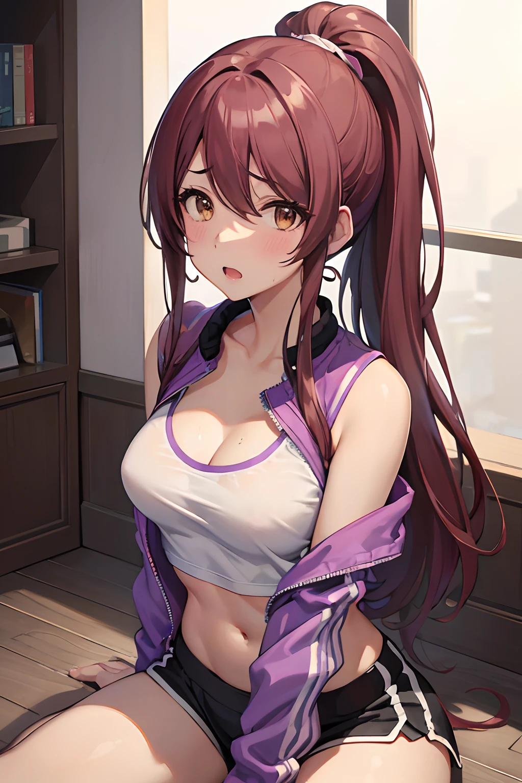 (top-quality, 8K, masterpiece, Top image quality, Hi-Res, super detailing, Ultra HD, (Delicate and smooth skin, real looking skin, Perfect and beautiful face ,Perfect and cute face, high detail skin, Perfect limbs)), 1girl , arm rested on breast , bare shoulders , blush , cleavage , crop top , hair between eyes , long hair , looking at viewer , medium breasts , midriff , navel , open clothes , open jacket , open mouth , ponytail , purple gym short shorts, red hair , sitting on wood floor, sleeves past fingers , sleeves past wrists , solo , purple sports bra , sportswear , sweating, swept bangs , track jacket, underwear , yellow eyes , yokozuwari , arched back, Osaki Tenka (idolmaster)