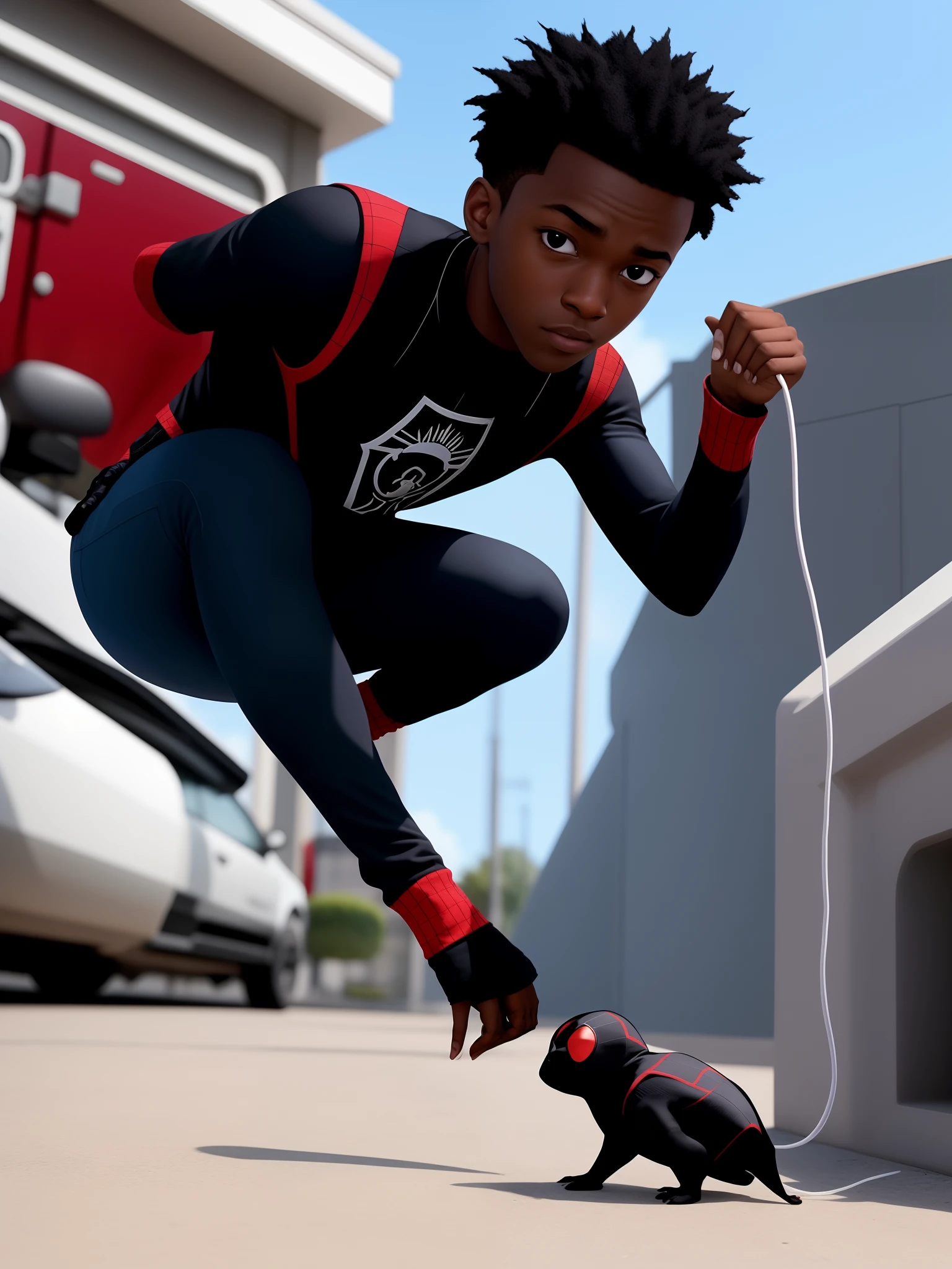 Miles morales tocando baixo numa Igreja que tem no fundo um circulo vermelho com a imagem de uma pomba branca voando da esquerda pra direita