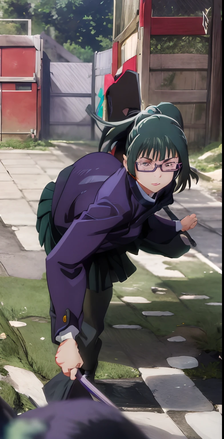 zenin_maki, ponytail, glasses, bangs, green hair, brown eyes, jujutsu_uniform,purple jacket