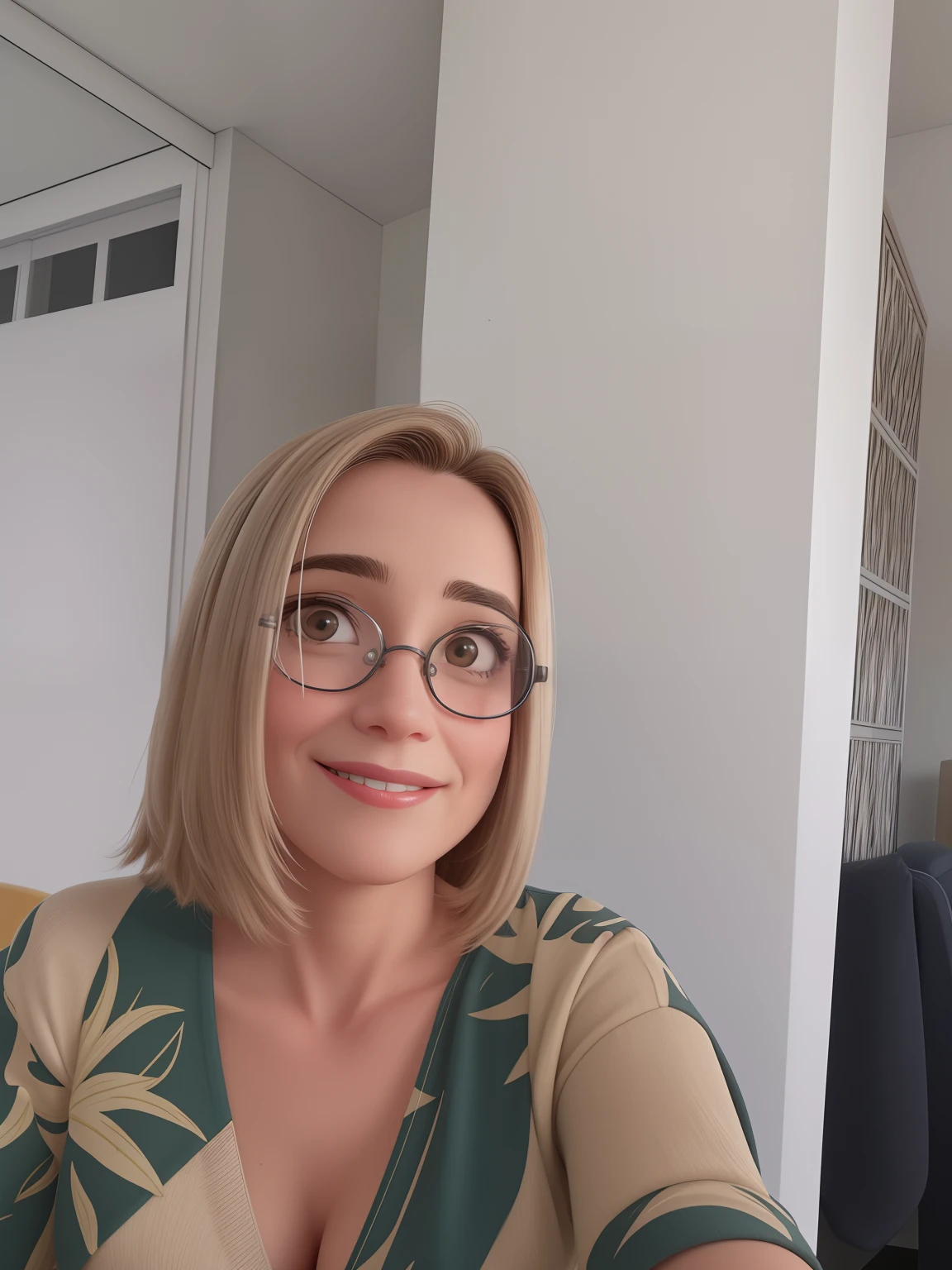 uma mulher de 47 anos, com cabelos loiro pelo ombro, Round face with shy smile and brown eyes, wearing glasses. Profession: Psicologa