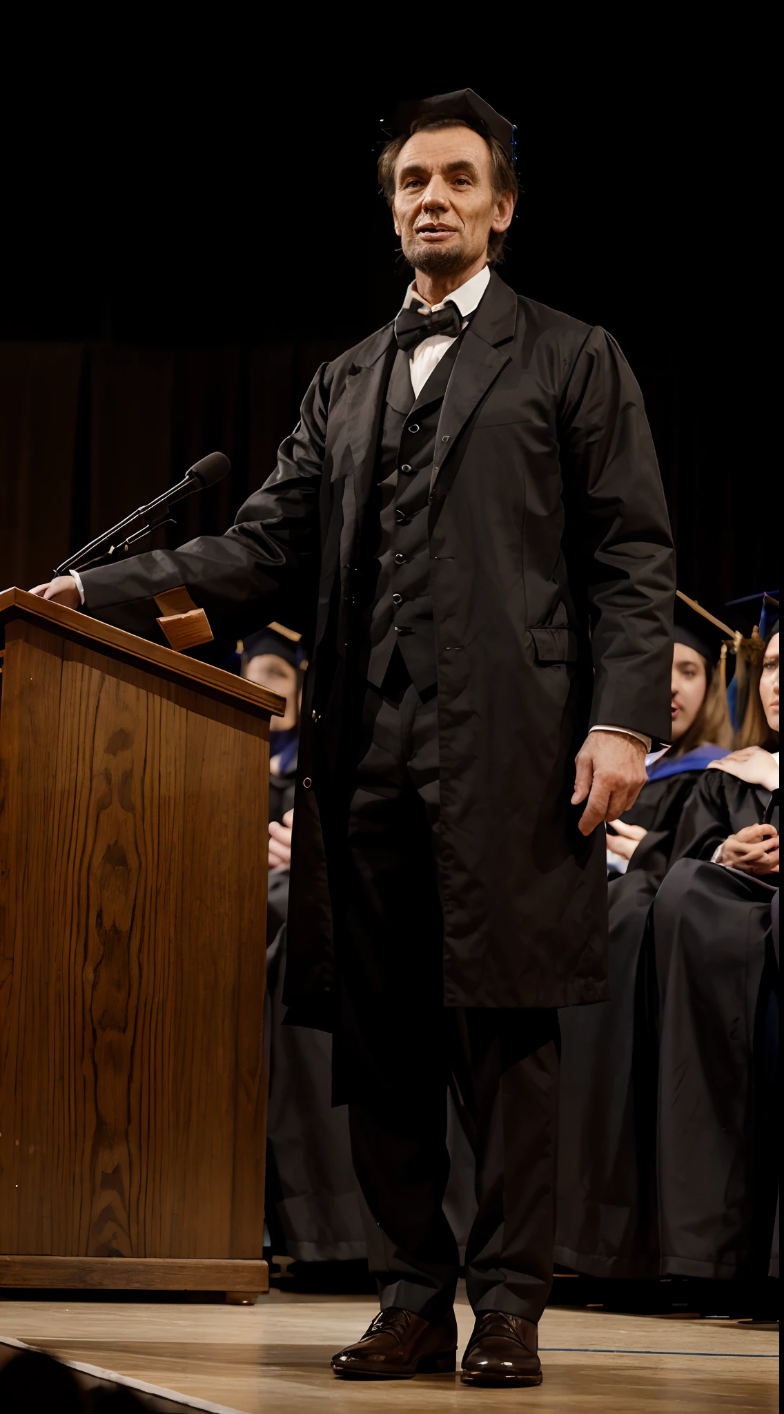 Abraham Lincoln delivering the keynote address at a modern University commencement