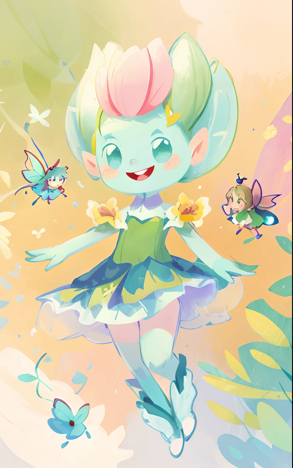 Drawing of a cartoon girl in a green dress, pixie character, elf girl wearing an flower suit, She has pale blue skin!!!, colored sketch, smiling as a queen of fairies, line art in colour, little elf girl, absurdist wiggly blob in a dress, alien princess, line art in colour, character is in her natural pose, tiny faeries